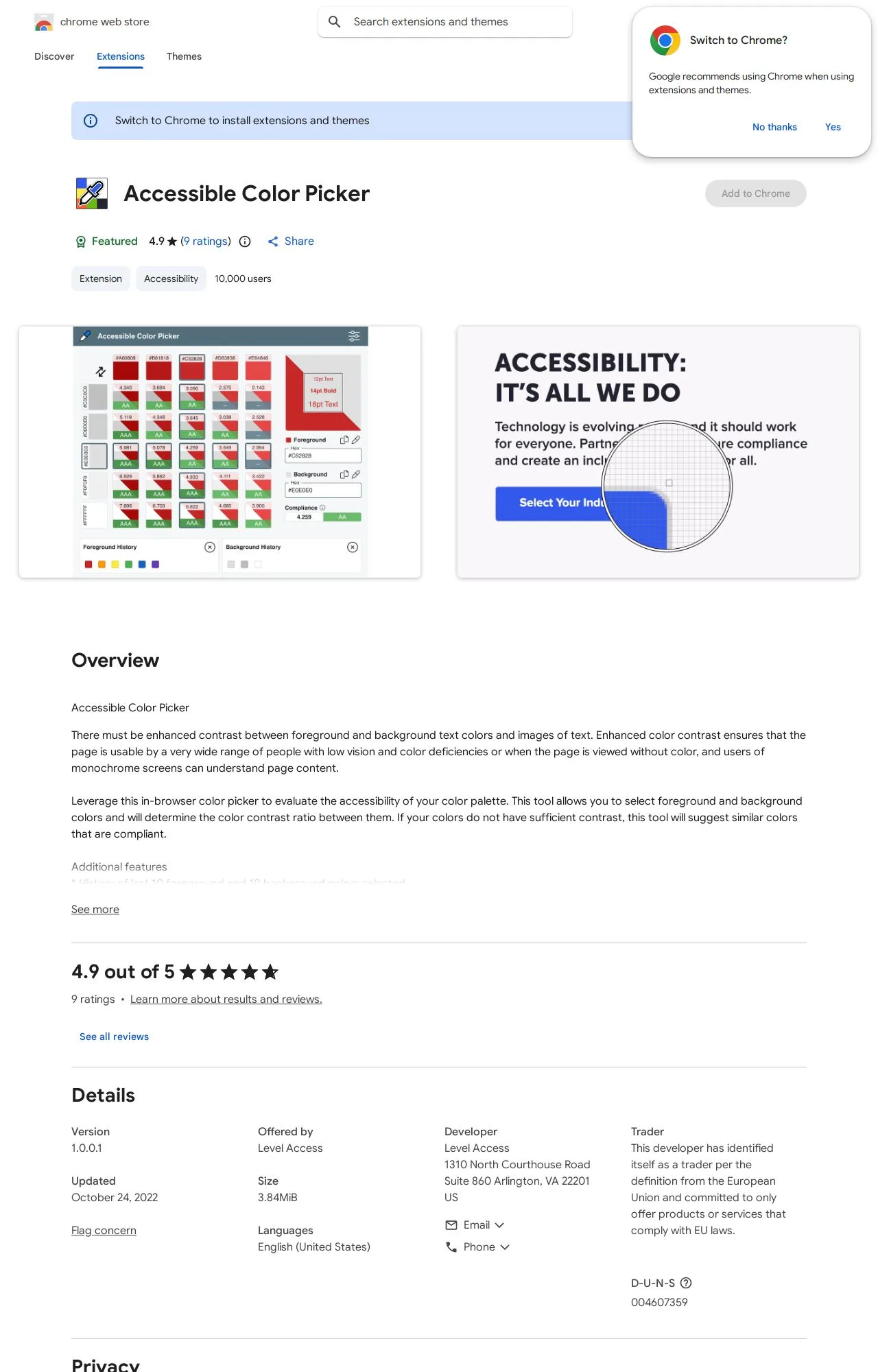 Accessible Color Picker listing on the Chrome Web Store