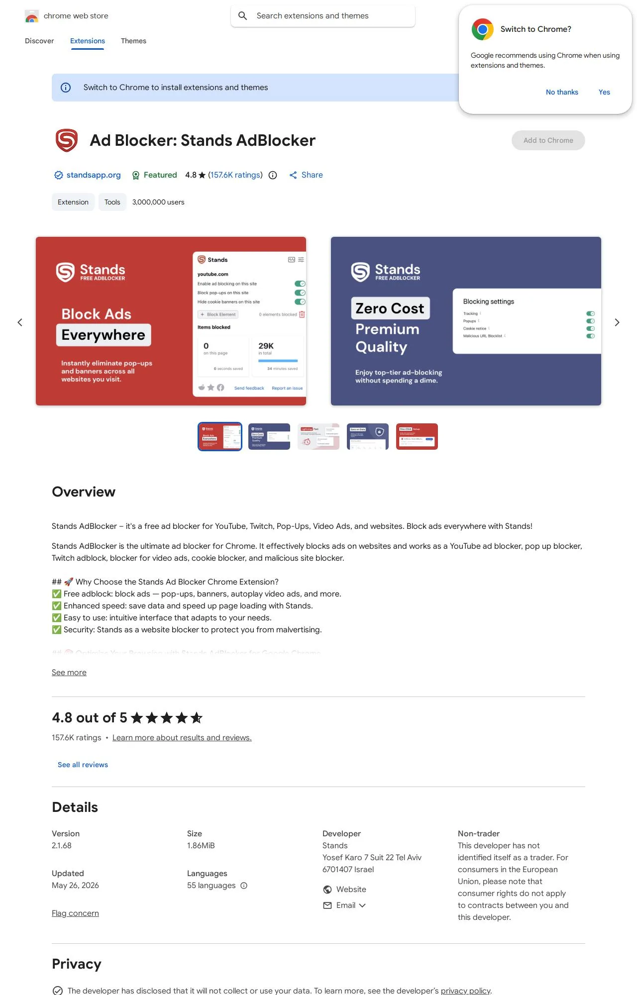 Ad Blocker: Stands AdBlocker listing on the Chrome Web Store
