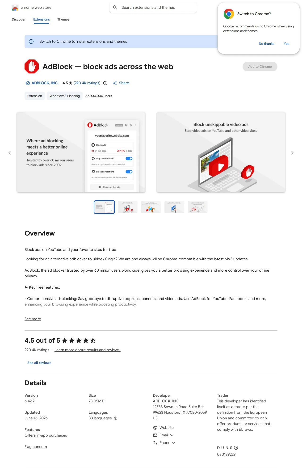 AdBlock — block ads across the web listing on the Chrome Web Store