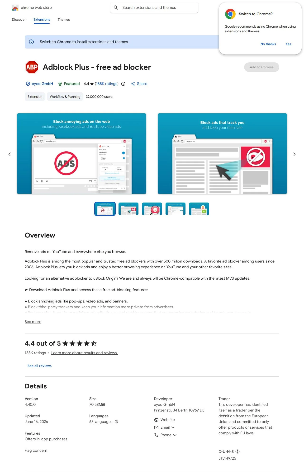 Adblock Plus - free ad blocker listing on the Chrome Web Store