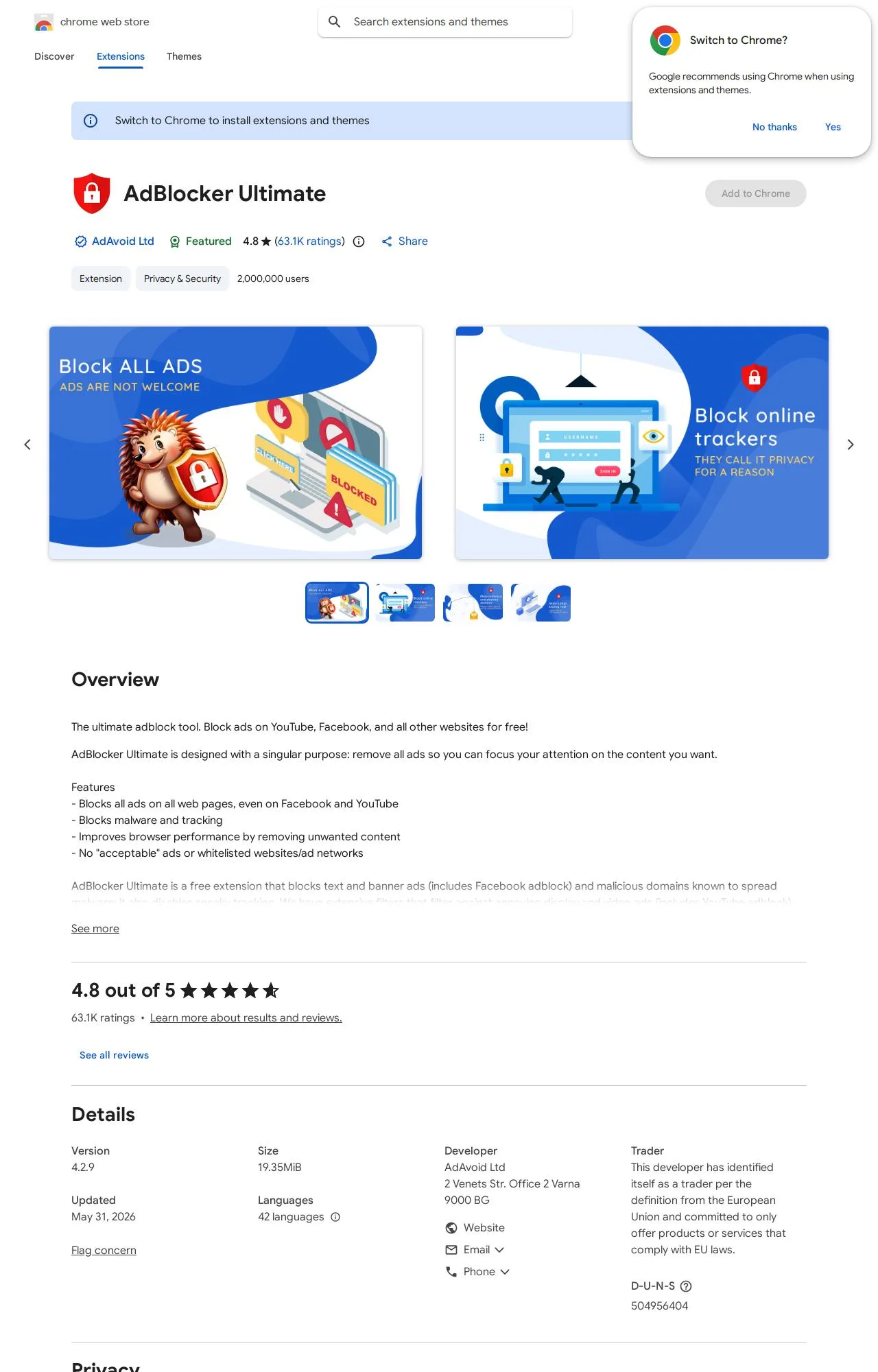 AdBlocker Ultimate listing on the Chrome Web Store