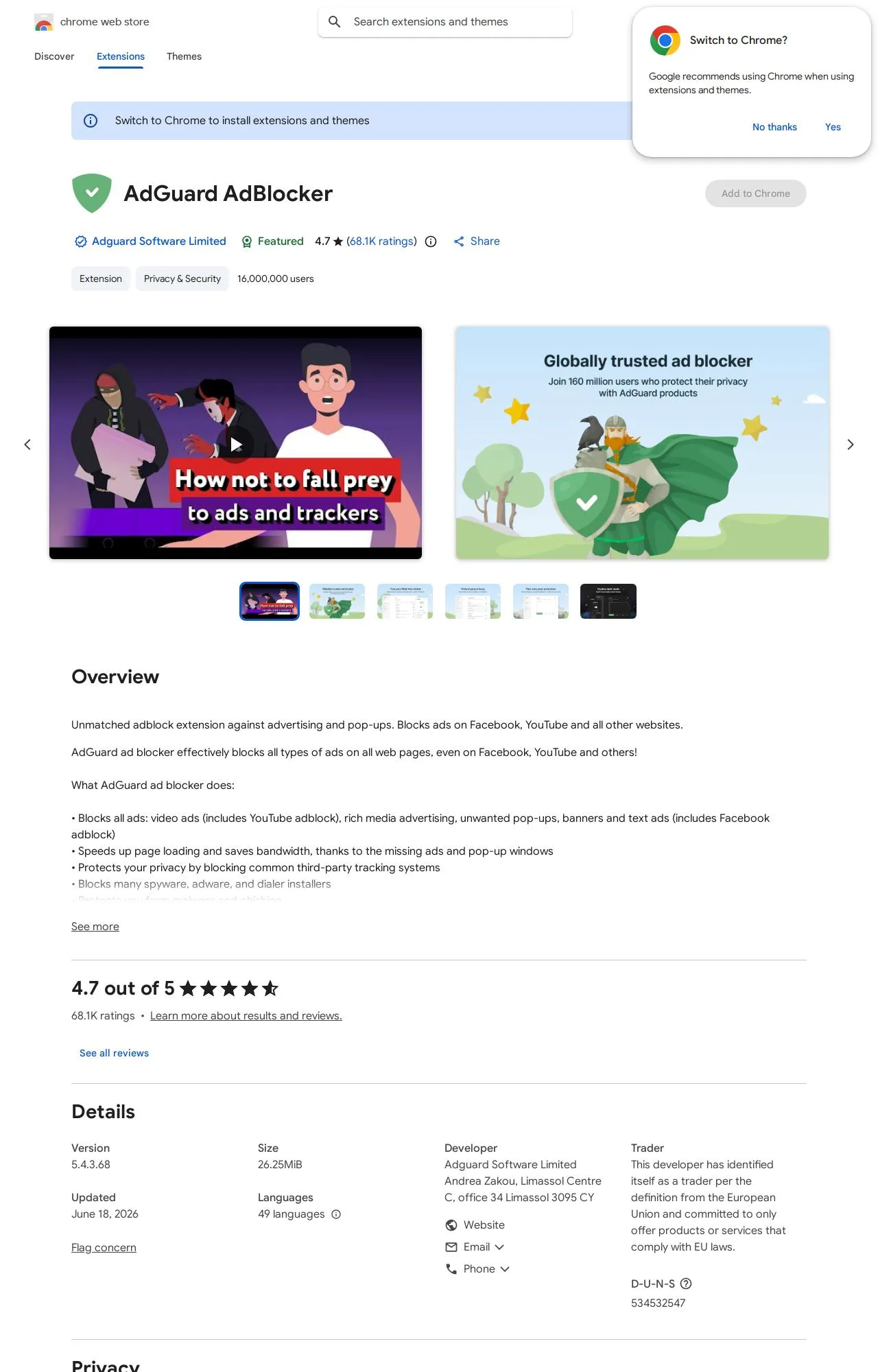 AdGuard AdBlocker listing on the Chrome Web Store