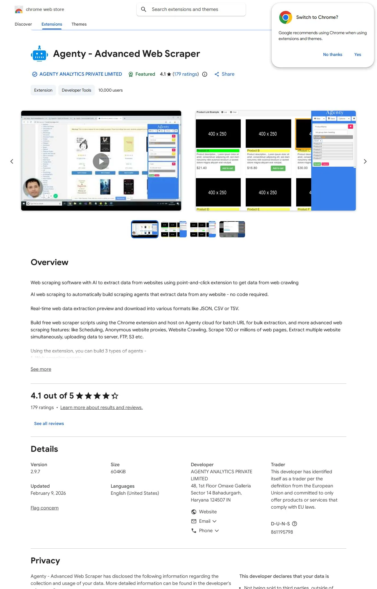 Agenty - Advanced Web Scraper listing on the Chrome Web Store