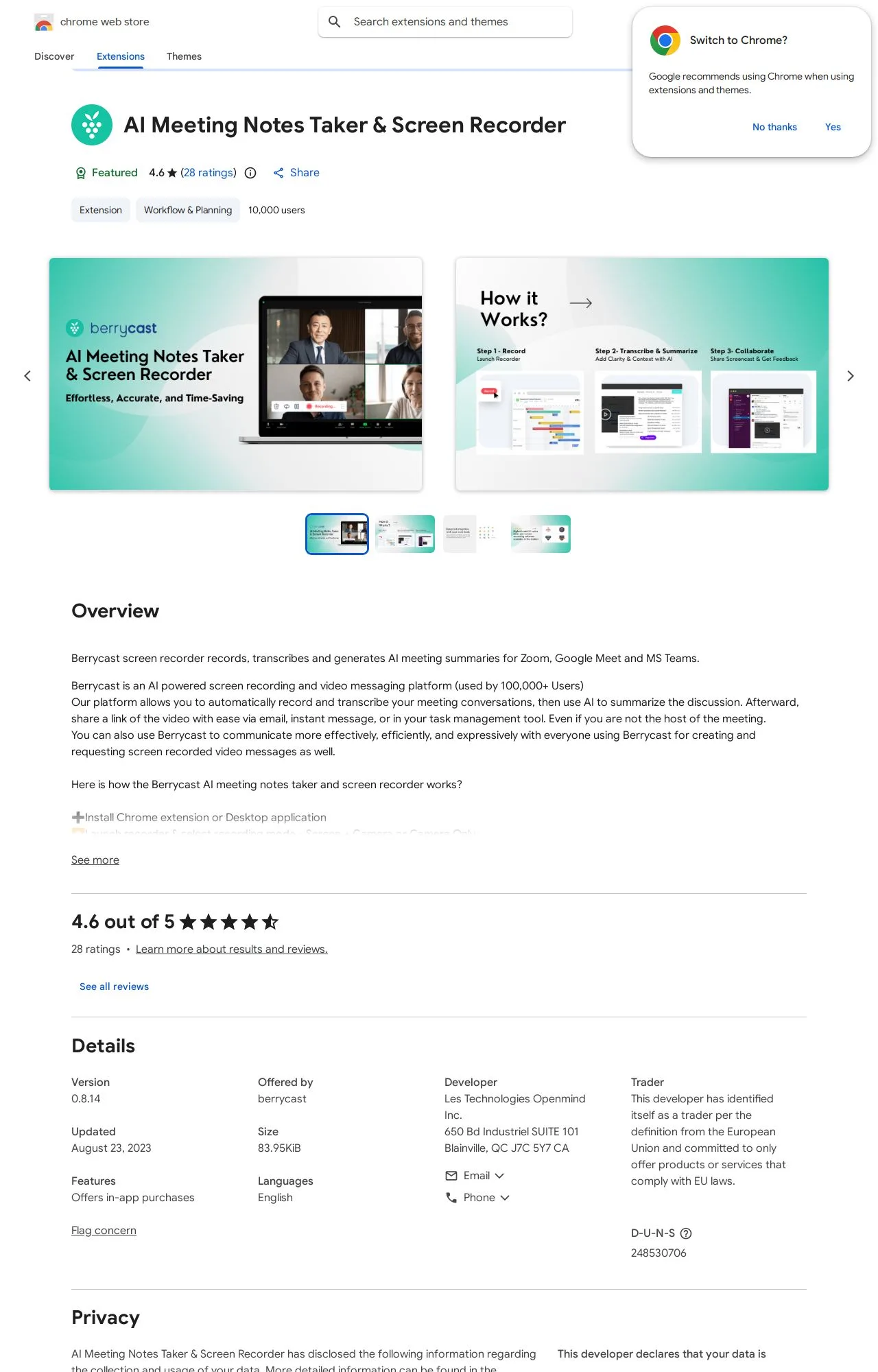 AI Meeting Notes Taker & Screen Recorder listing on the Chrome Web Store