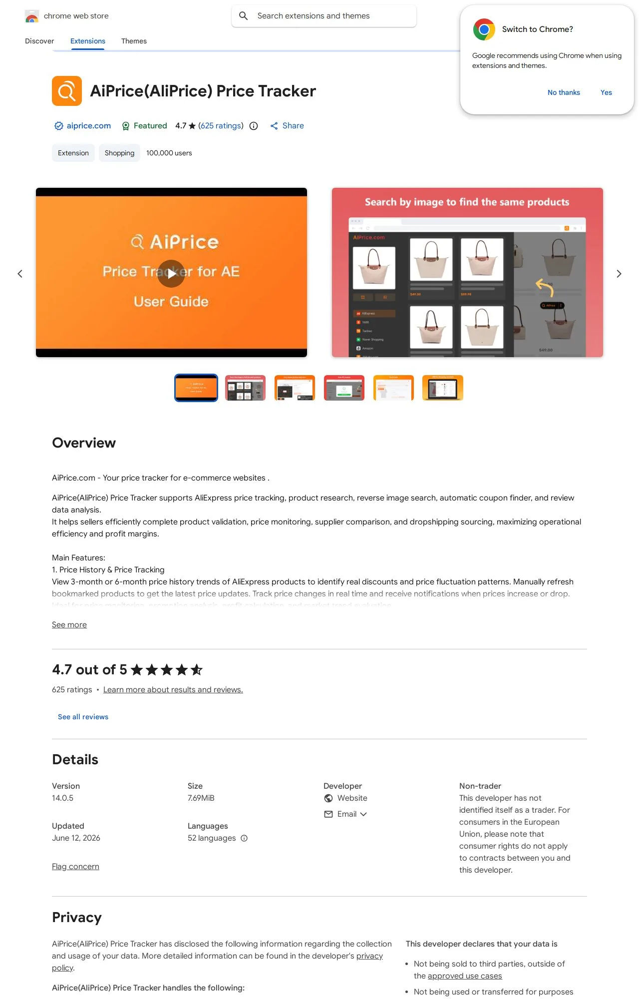 AiPrice(AliPrice) Price Tracker listing on the Chrome Web Store