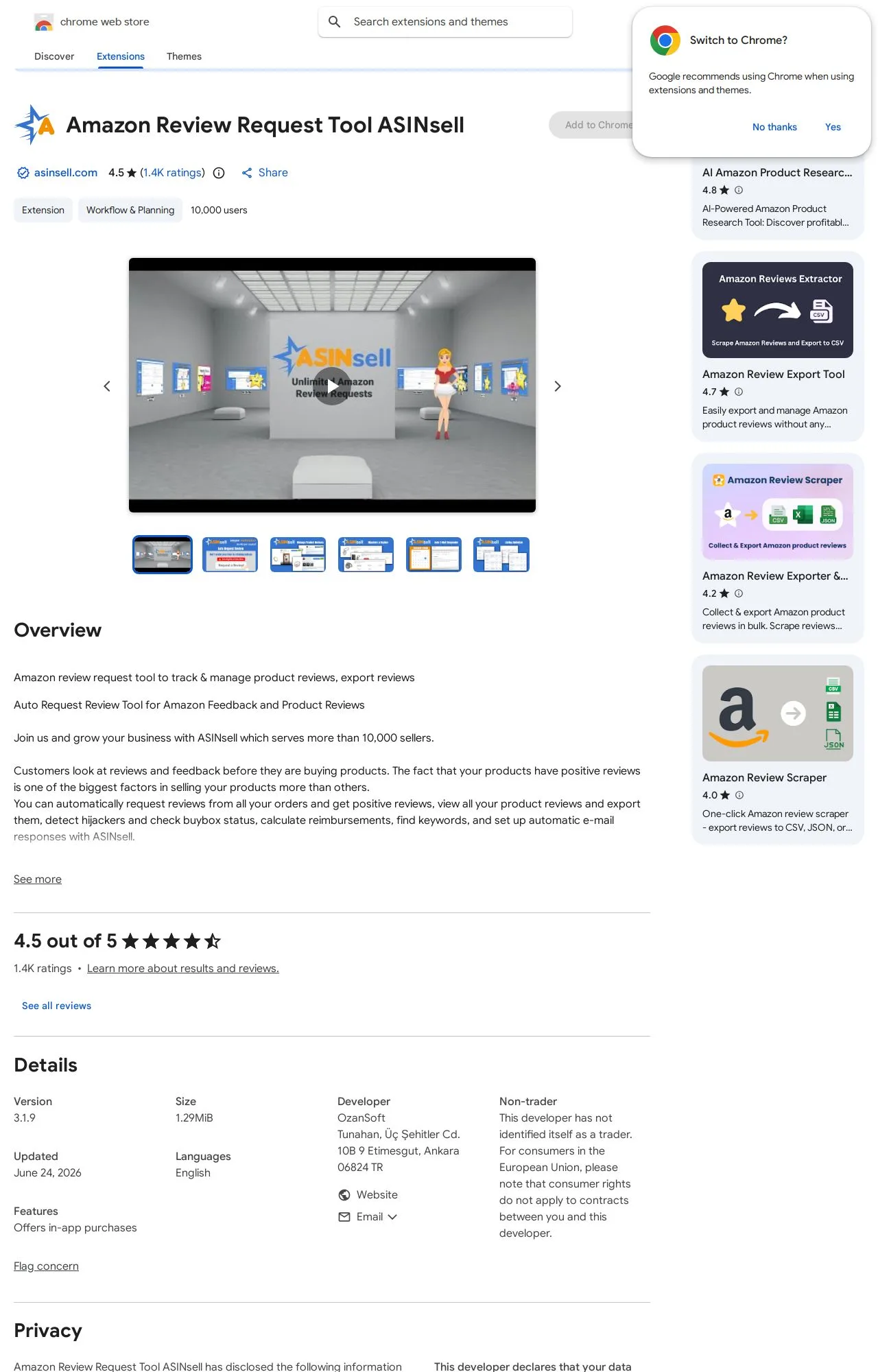 Amazon Review Request Tool ASINsell listing on the Chrome Web Store