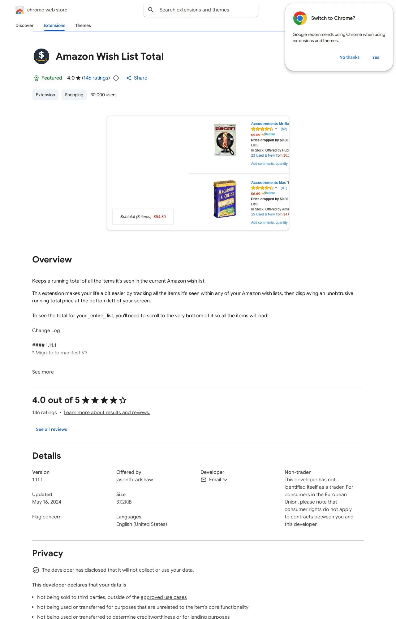 Amazon Wish List Total listing on the Chrome Web Store