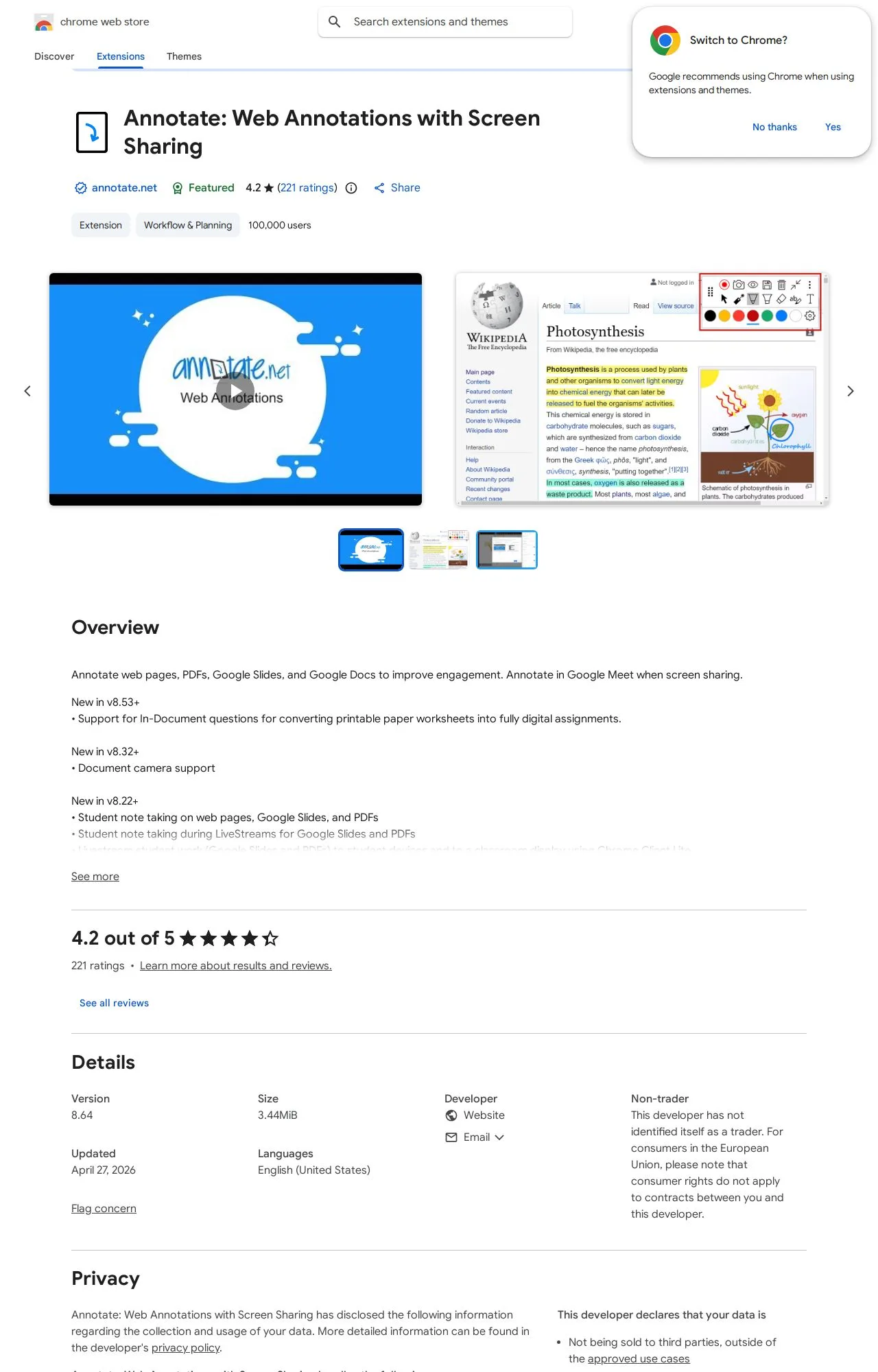 Annotate: Web Annotations with Screen Sharing listing on the Chrome Web Store