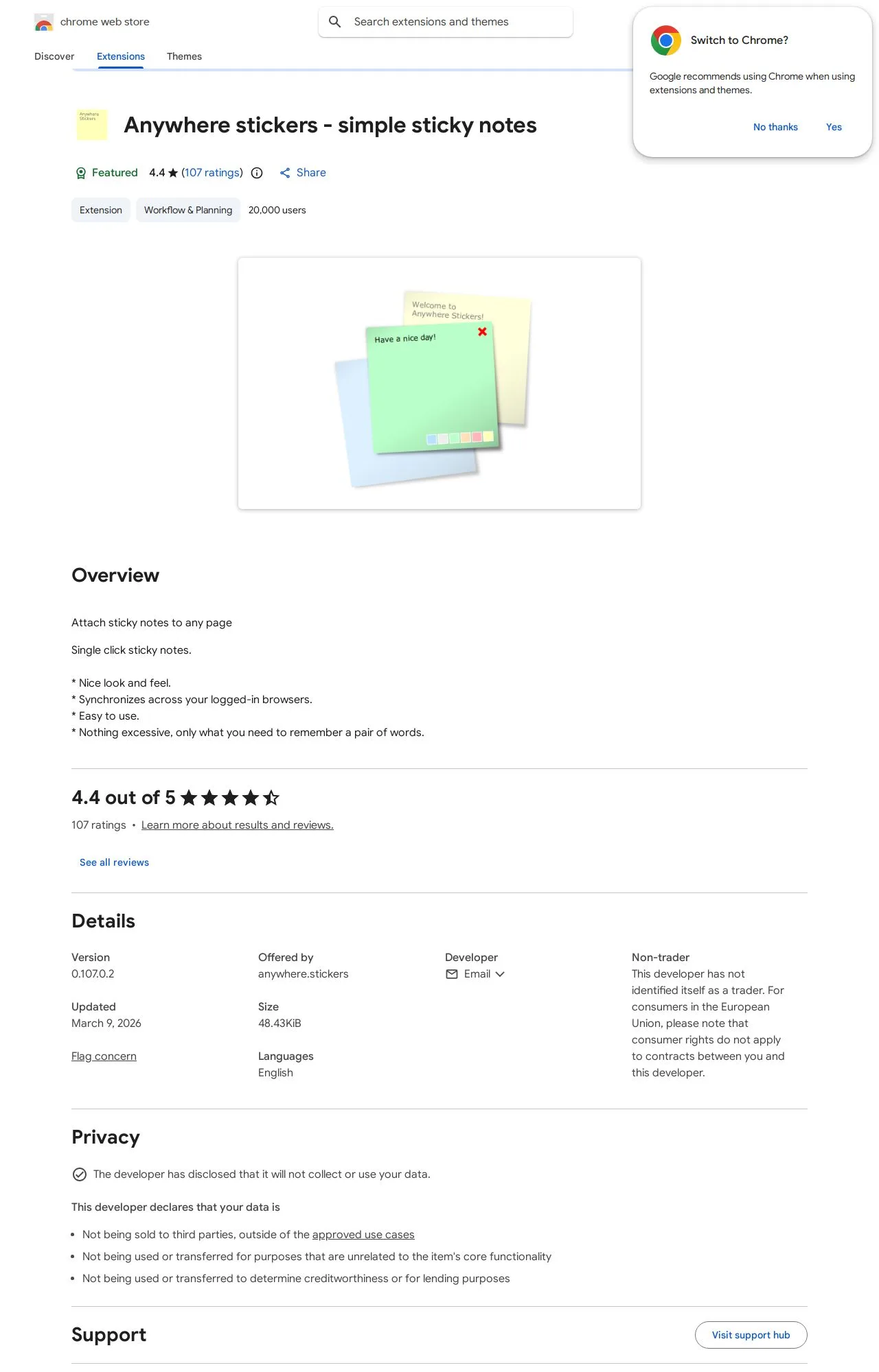 Anywhere stickers - simple sticky notes listing on the Chrome Web Store