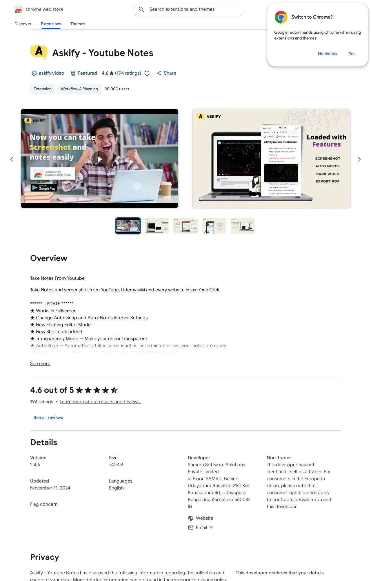 Askify - Youtube Notes listing on the Chrome Web Store