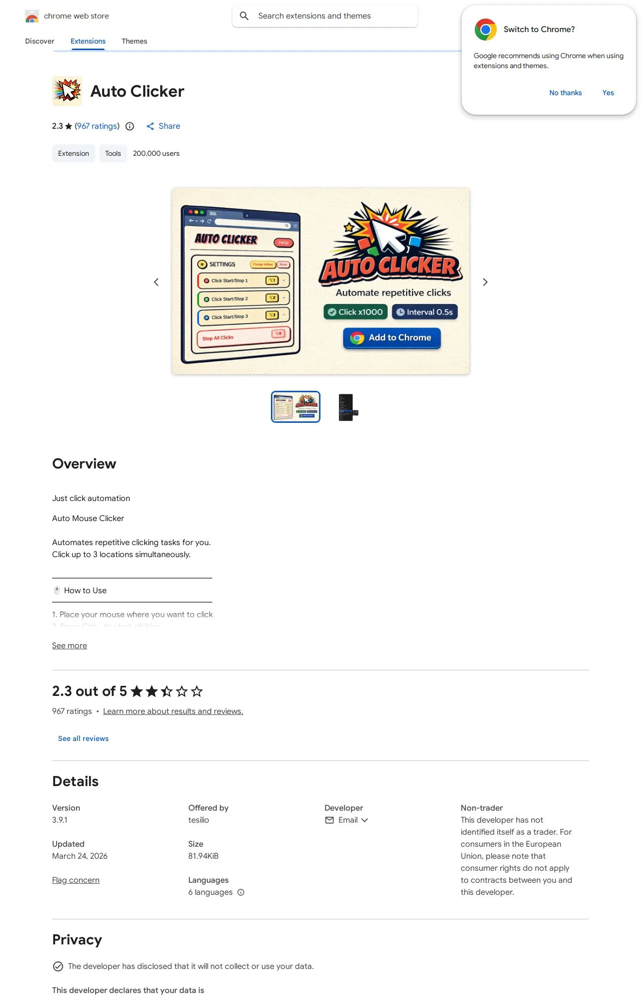 Auto Clicker listing on the Chrome Web Store