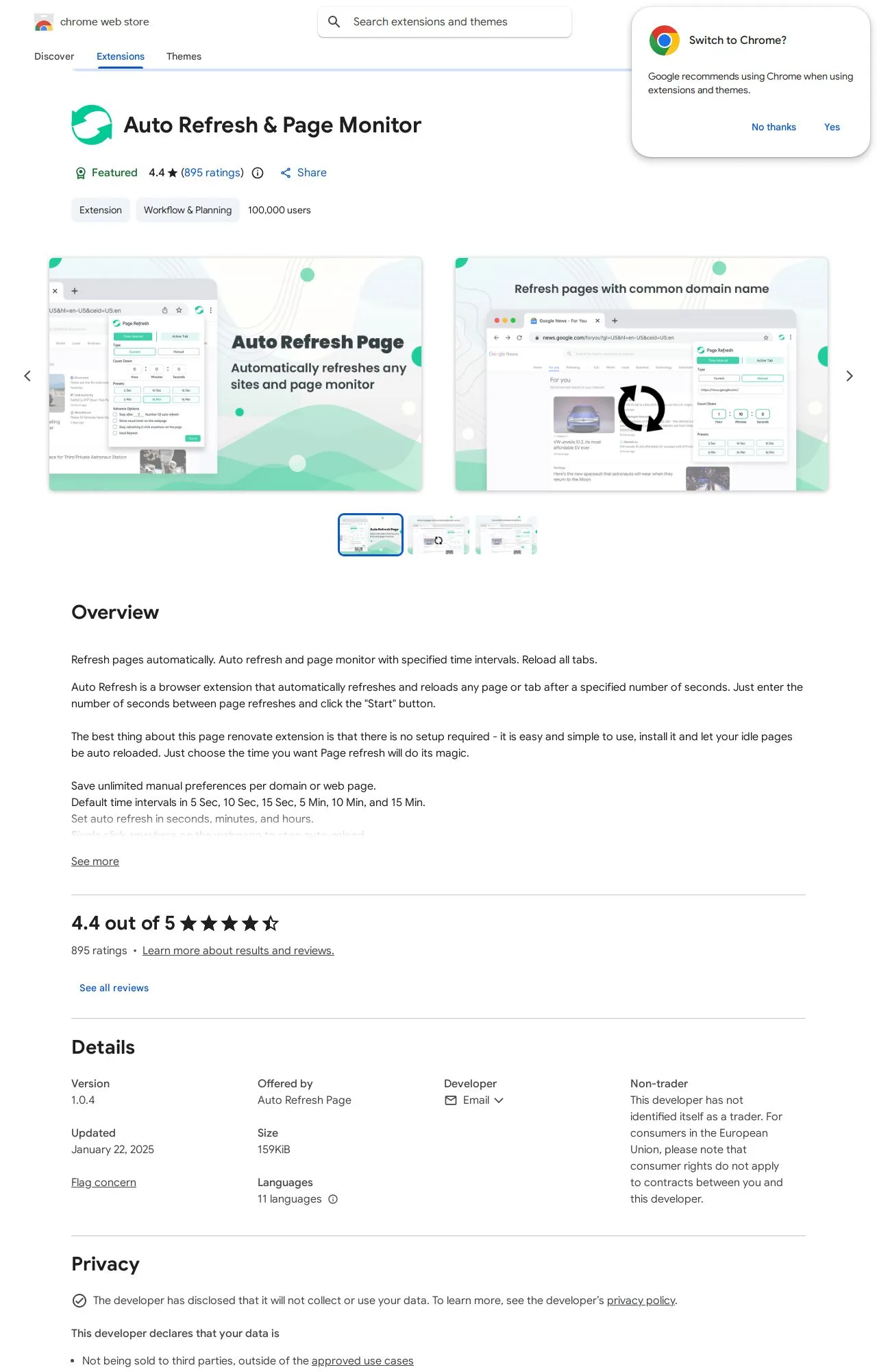 Auto Refresh & Page Monitor listing on the Chrome Web Store
