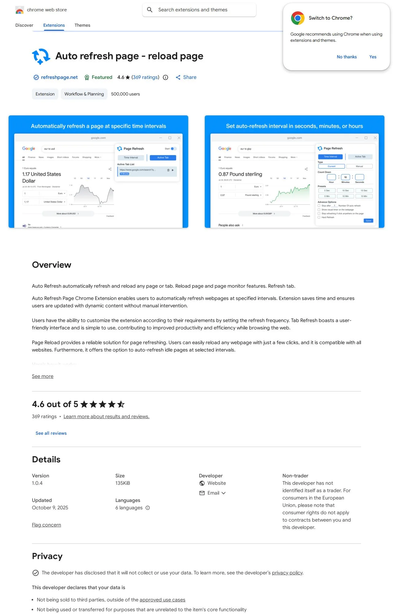 Auto refresh page - reload page listing on the Chrome Web Store