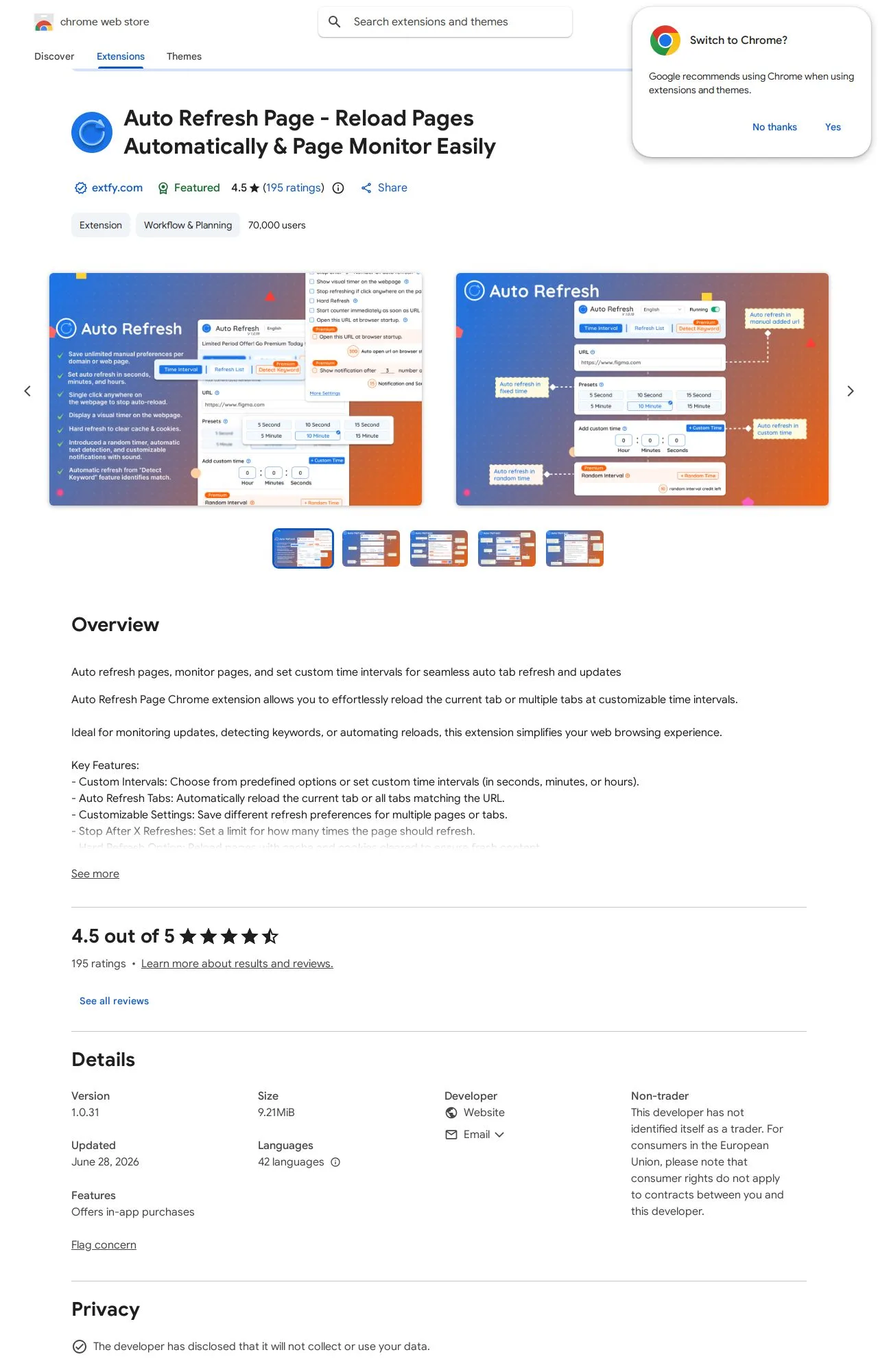 Auto Refresh Page - Reload Pages Automatically & Page Monitor Easily listing on the Chrome Web Store
