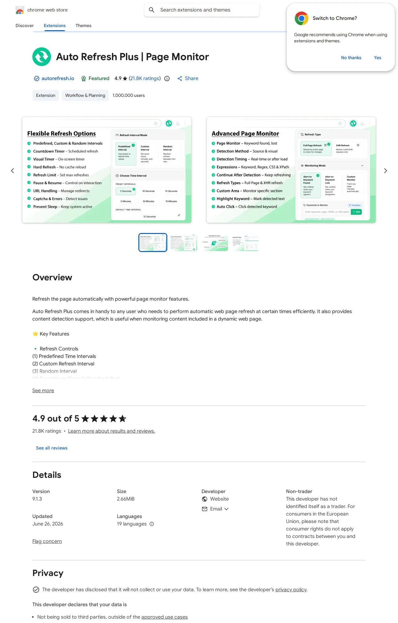 Auto Refresh Plus | Page Monitor listing on the Chrome Web Store