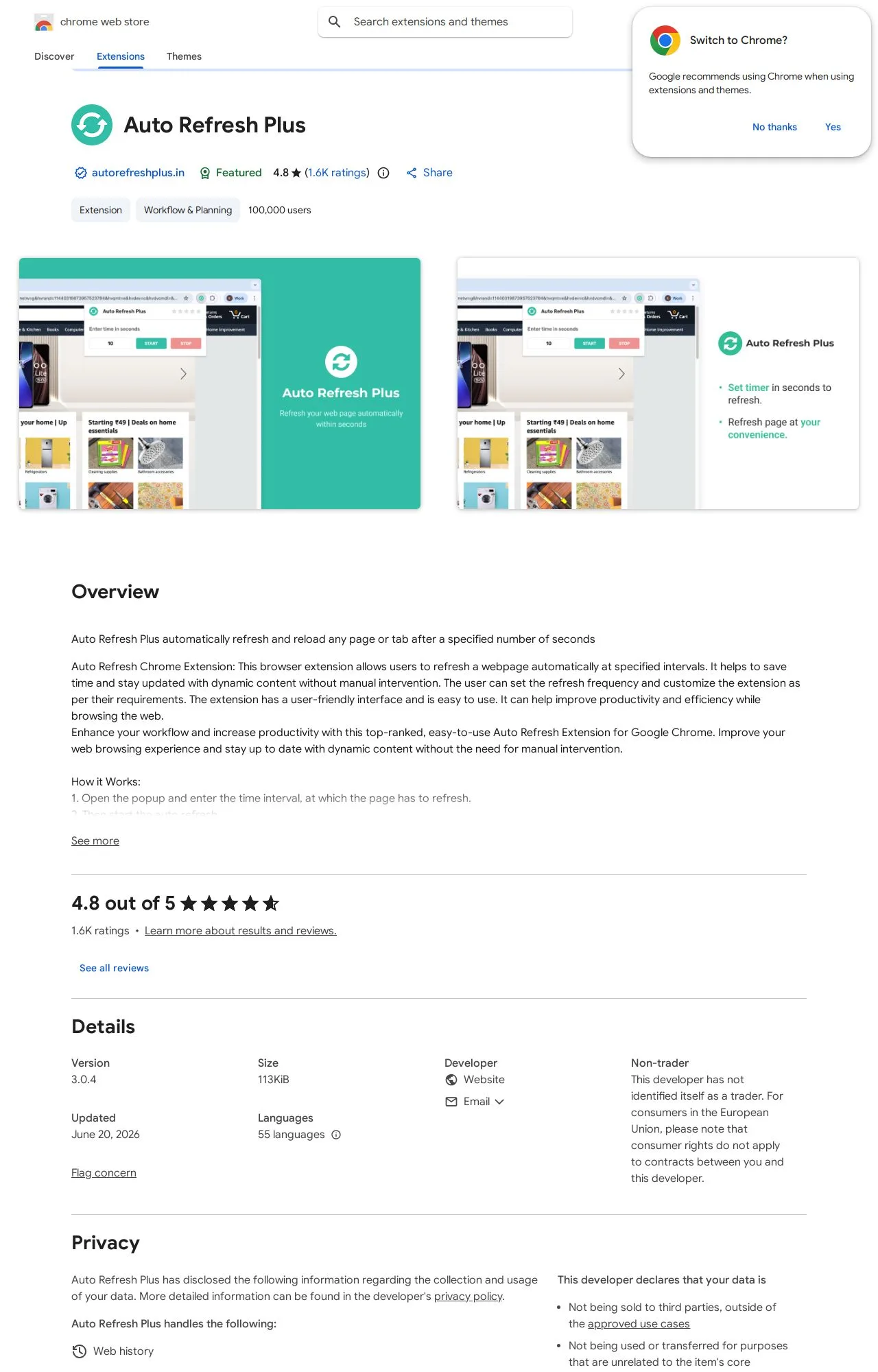 Auto Refresh Plus listing on the Chrome Web Store