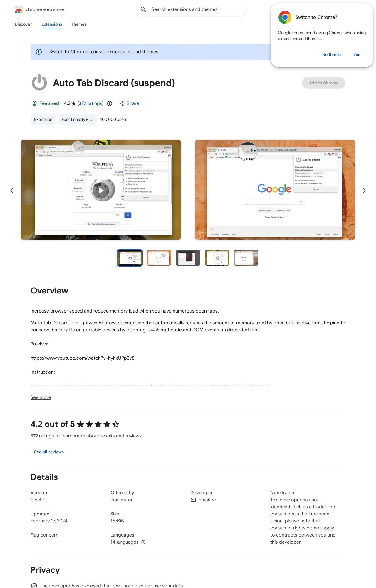 Auto Tab Discard (suspend) listing on the Chrome Web Store