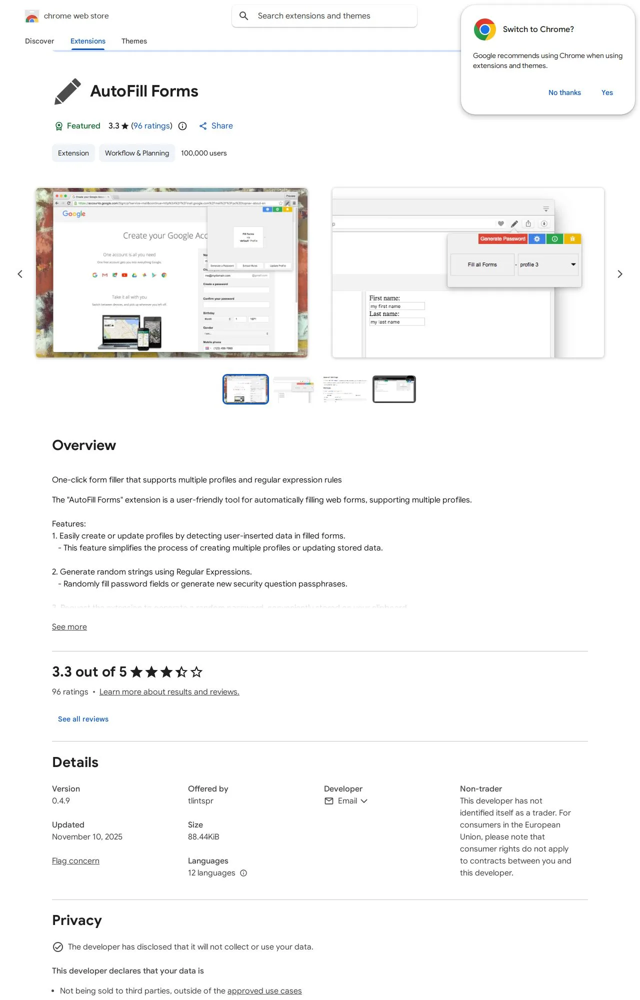 AutoFill Forms listing on the Chrome Web Store