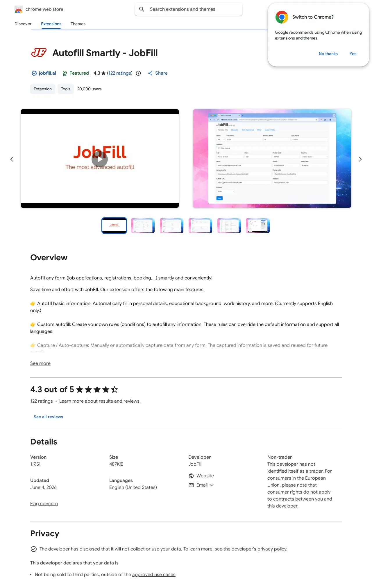Autofill Smartly - JobFill listing on the Chrome Web Store