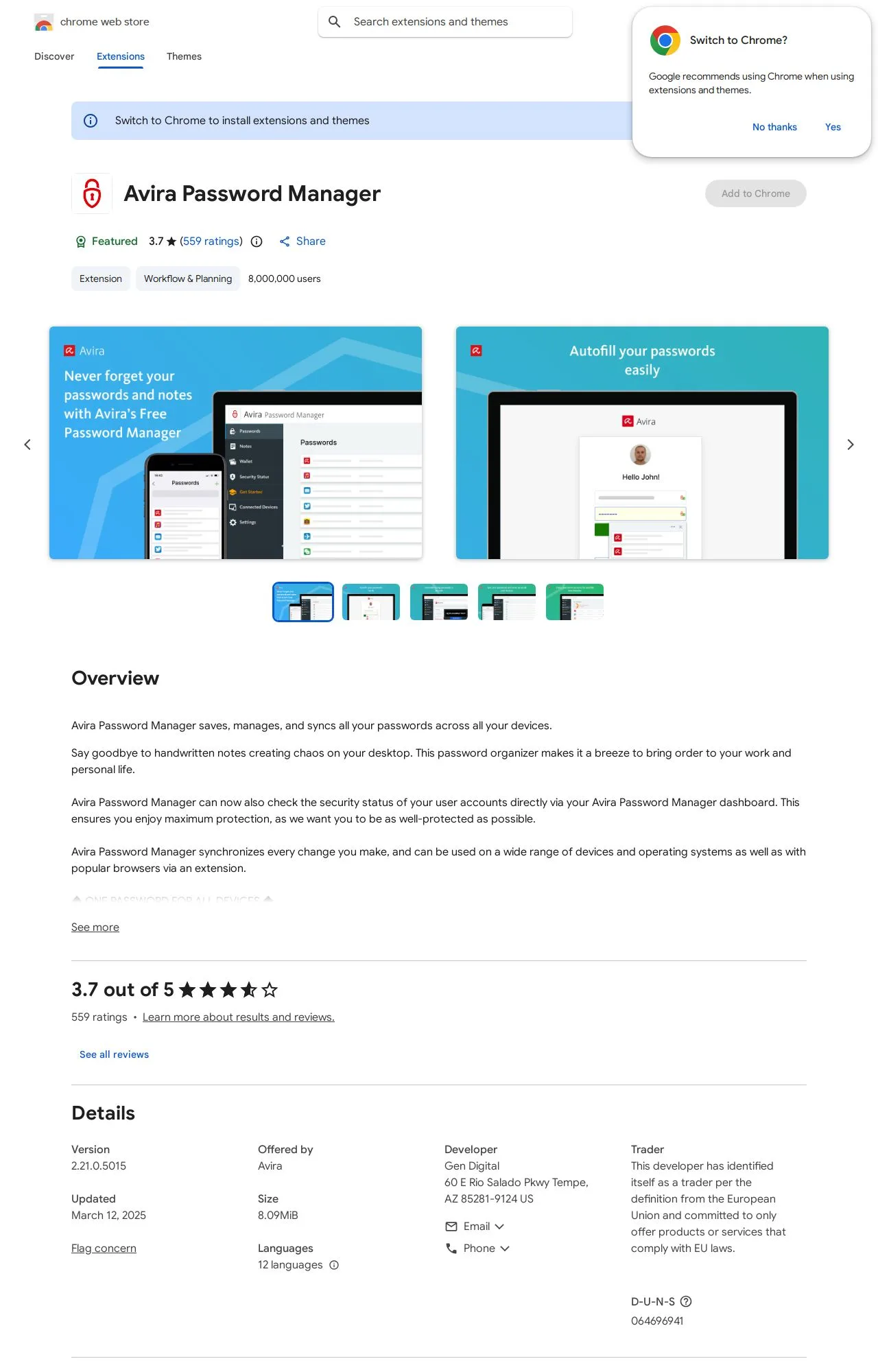 Avira Password Manager listing on the Chrome Web Store