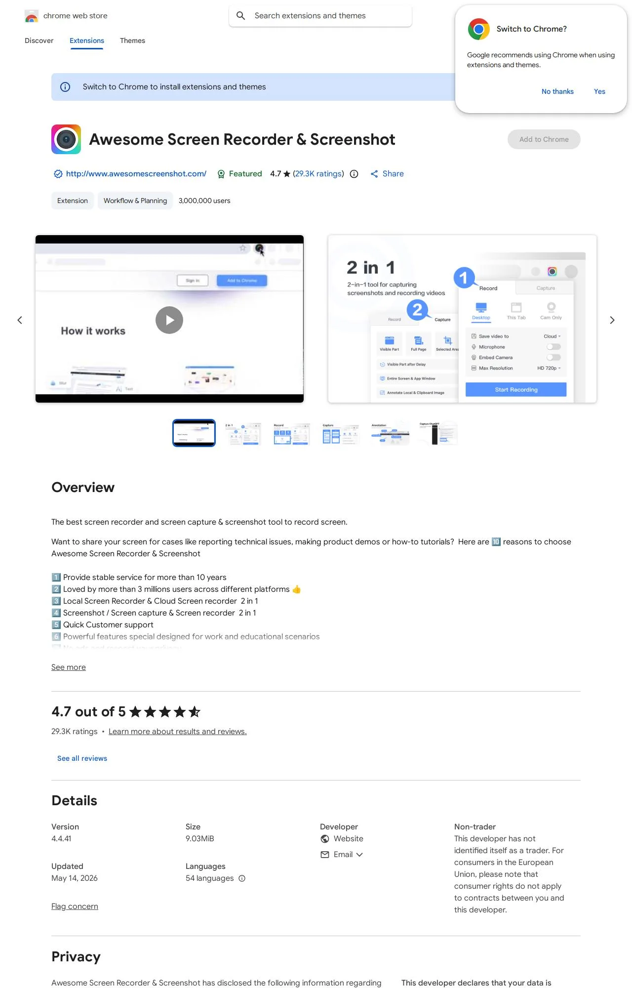 Awesome Screen Recorder & Screenshot listing on the Chrome Web Store