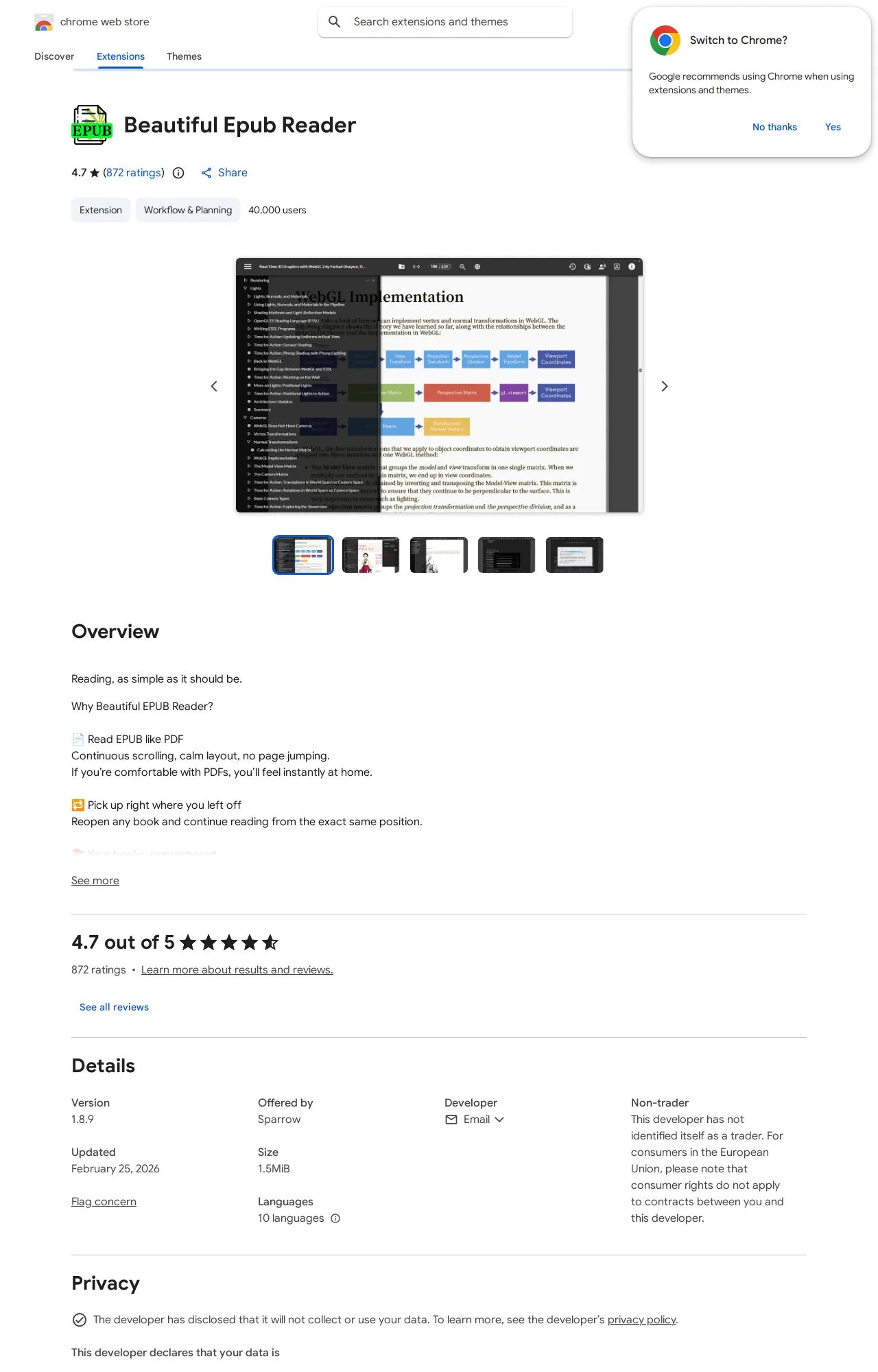 Beautiful Epub Reader listing on the Chrome Web Store