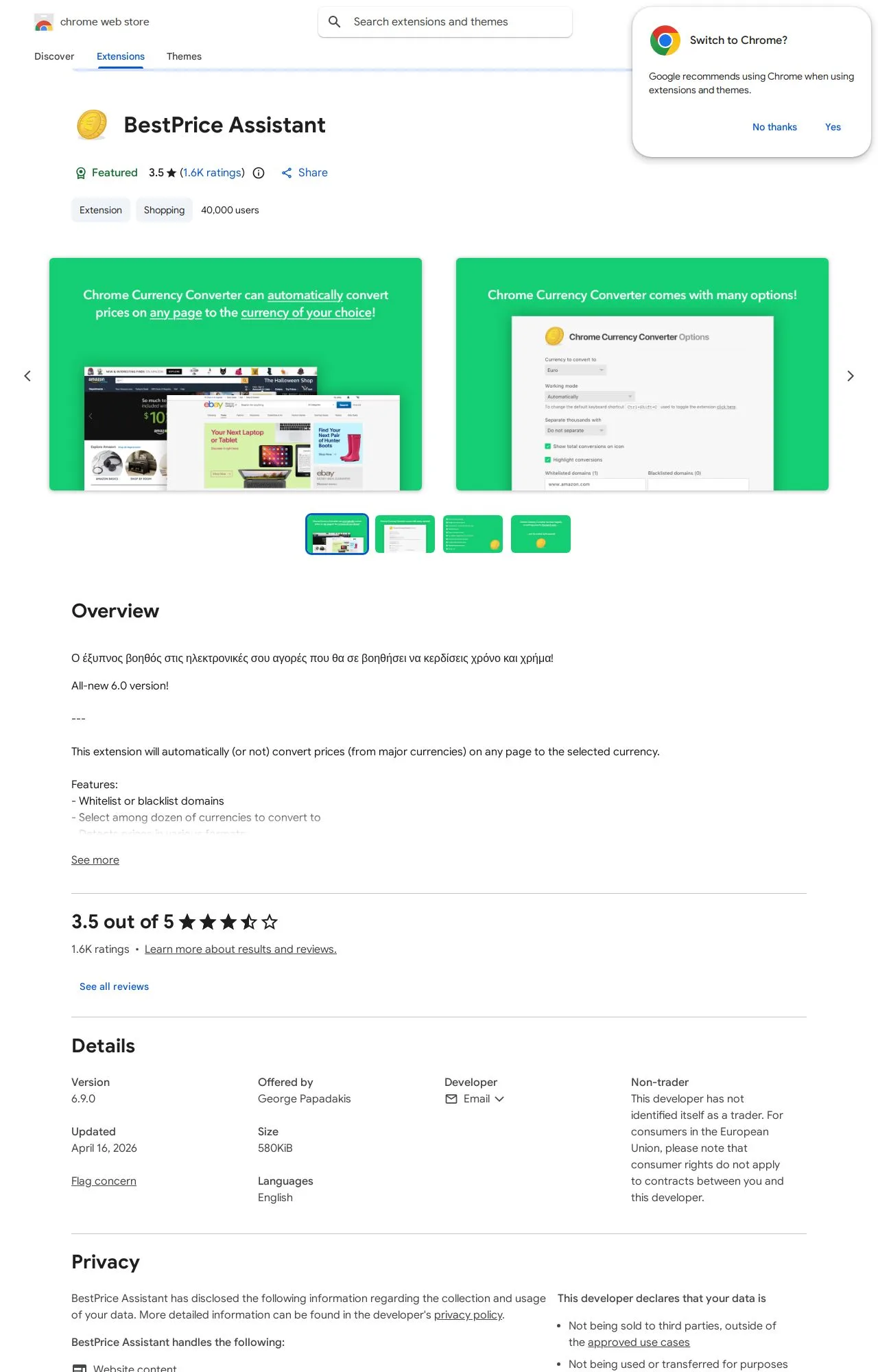 BestPrice Assistant listing on the Chrome Web Store
