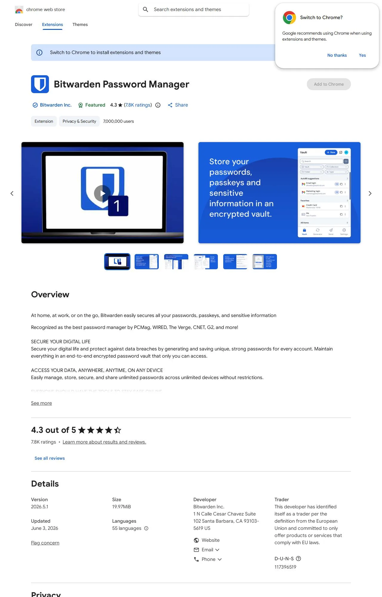 Bitwarden Password Manager listing on the Chrome Web Store