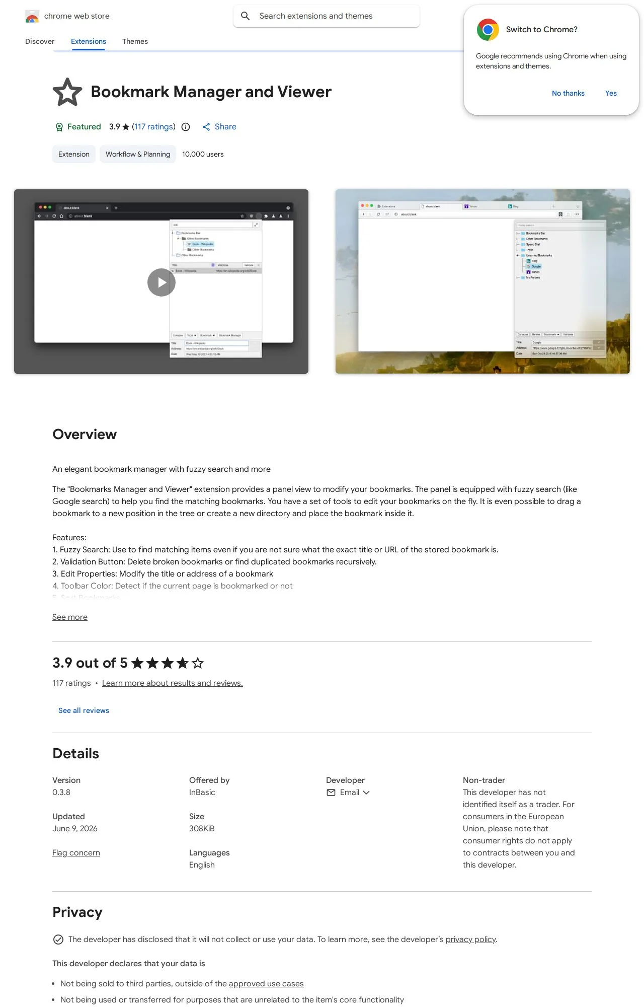 Bookmark Manager and Viewer listing on the Chrome Web Store
