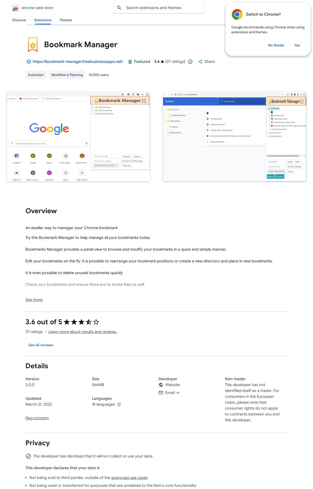 Bookmark Manager listing on the Chrome Web Store