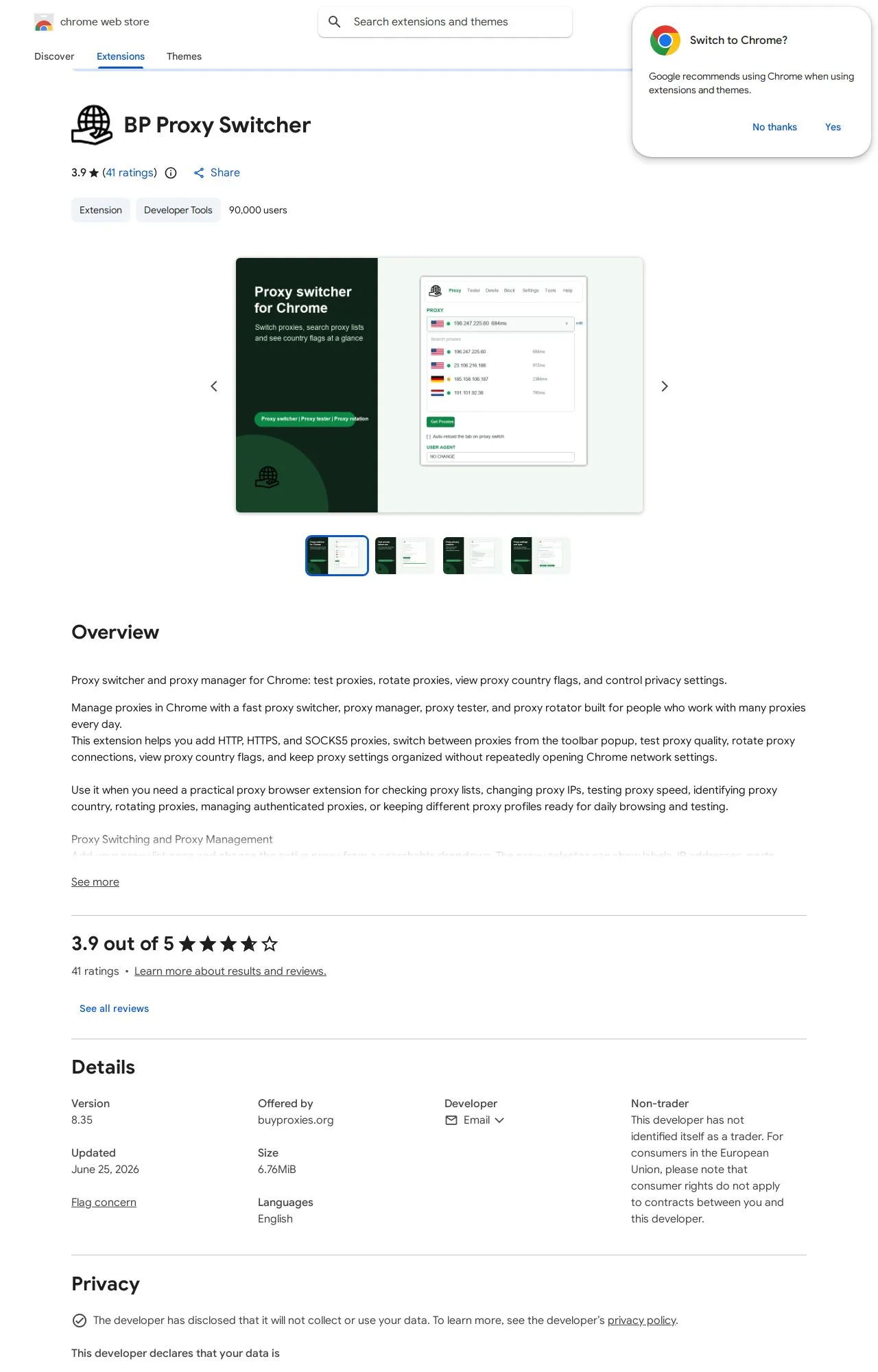 BP Proxy Switcher listing on the Chrome Web Store