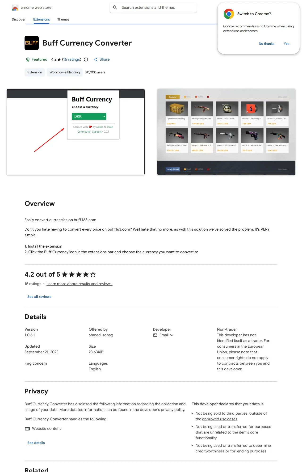Buff Currency Converter listing on the Chrome Web Store