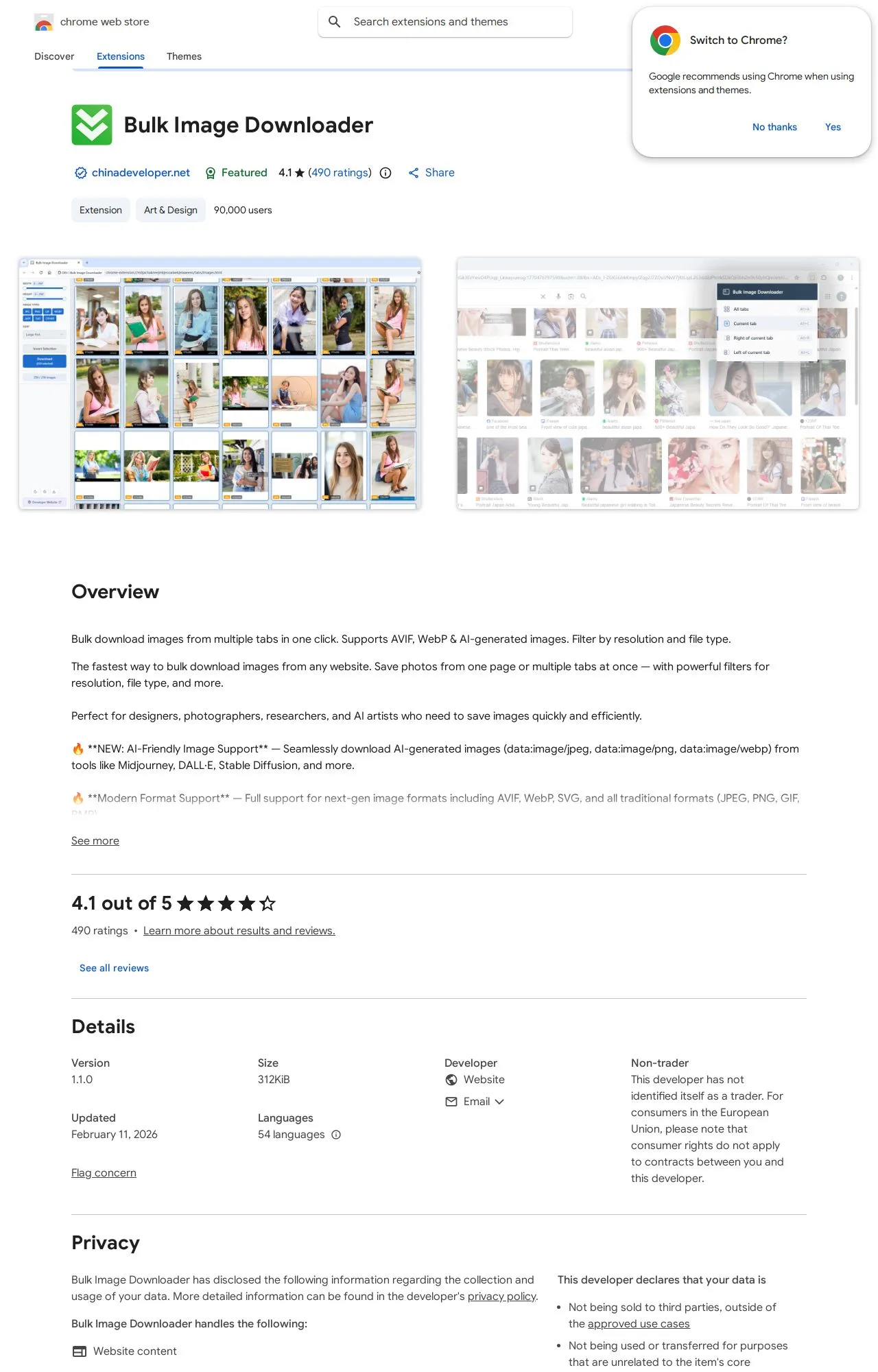 Bulk Image Downloader listing on the Chrome Web Store