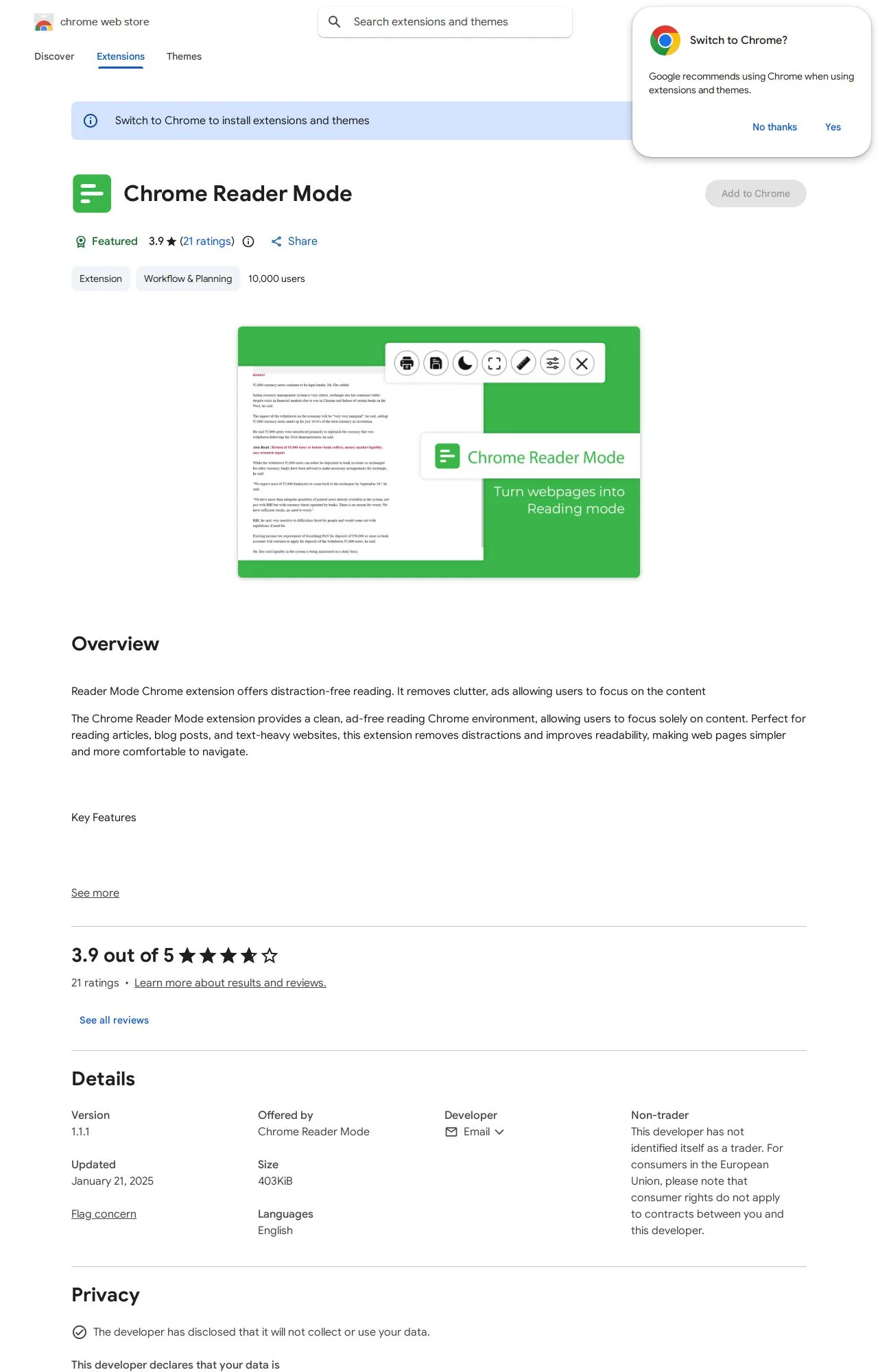 Chrome Reader Mode listing on the Chrome Web Store