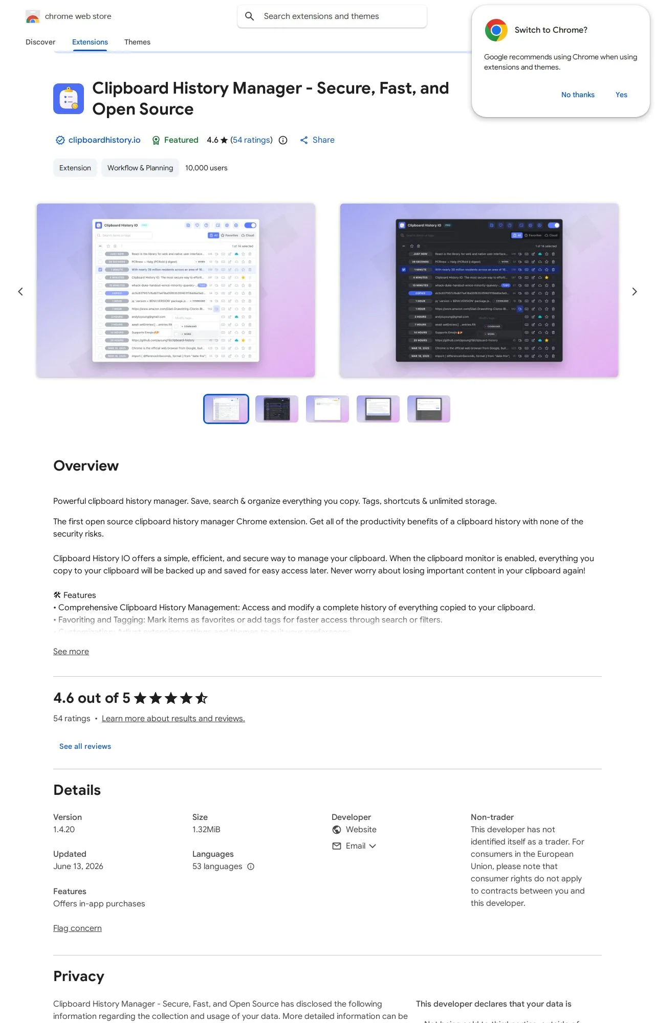Clipboard History Manager - Secure, Fast, and Open Source listing on the Chrome Web Store
