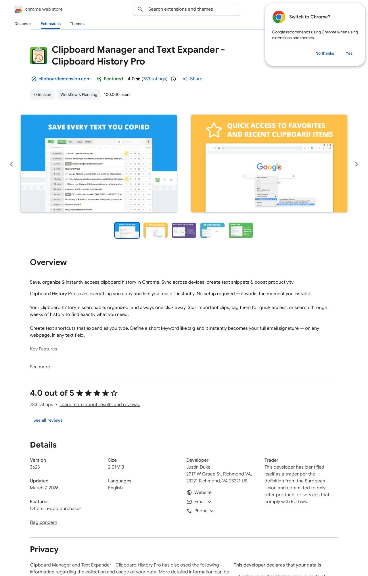 Clipboard Manager and Text Expander - Clipboard History Pro listing on the Chrome Web Store