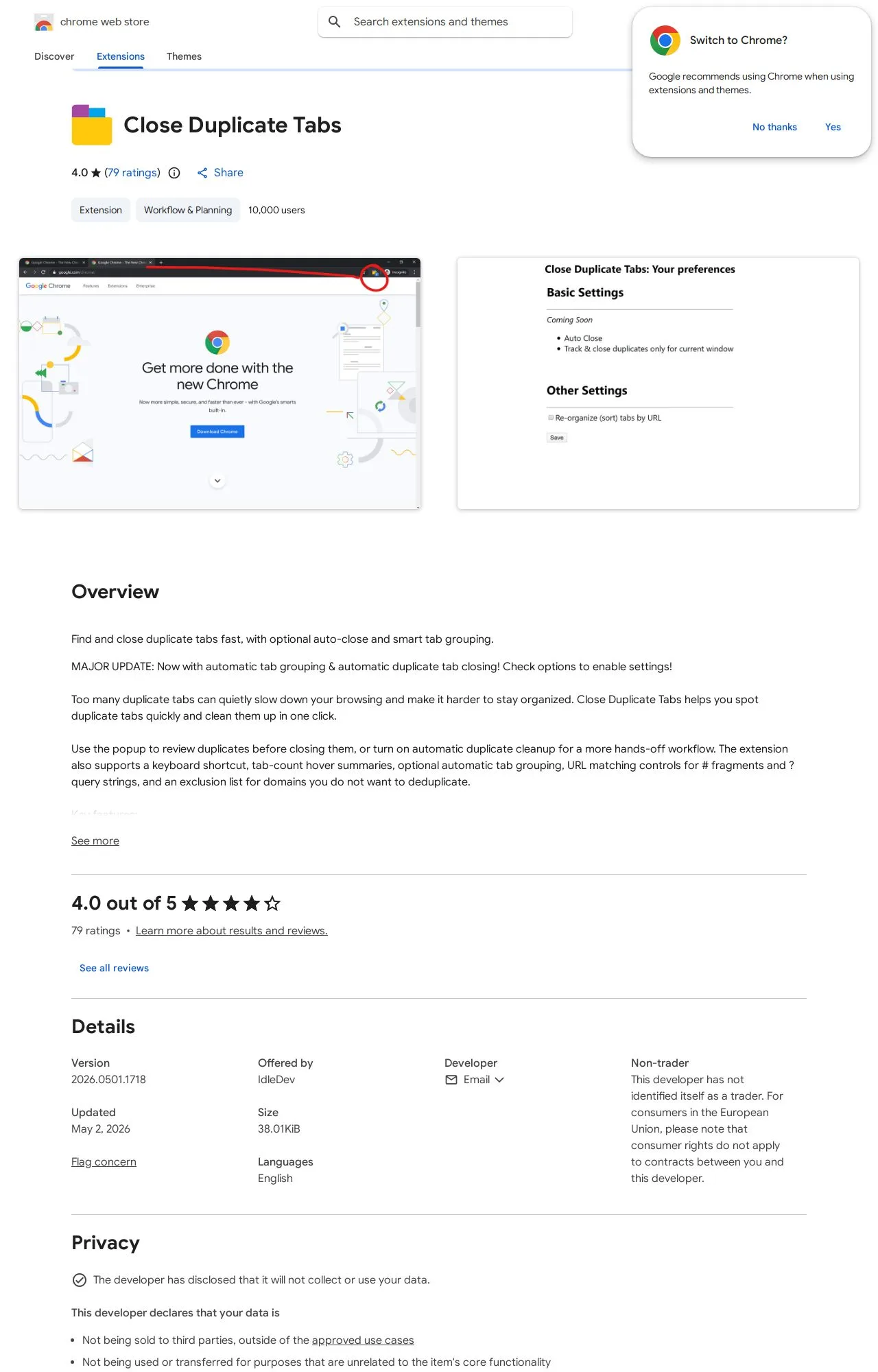 Close Duplicate Tabs listing on the Chrome Web Store