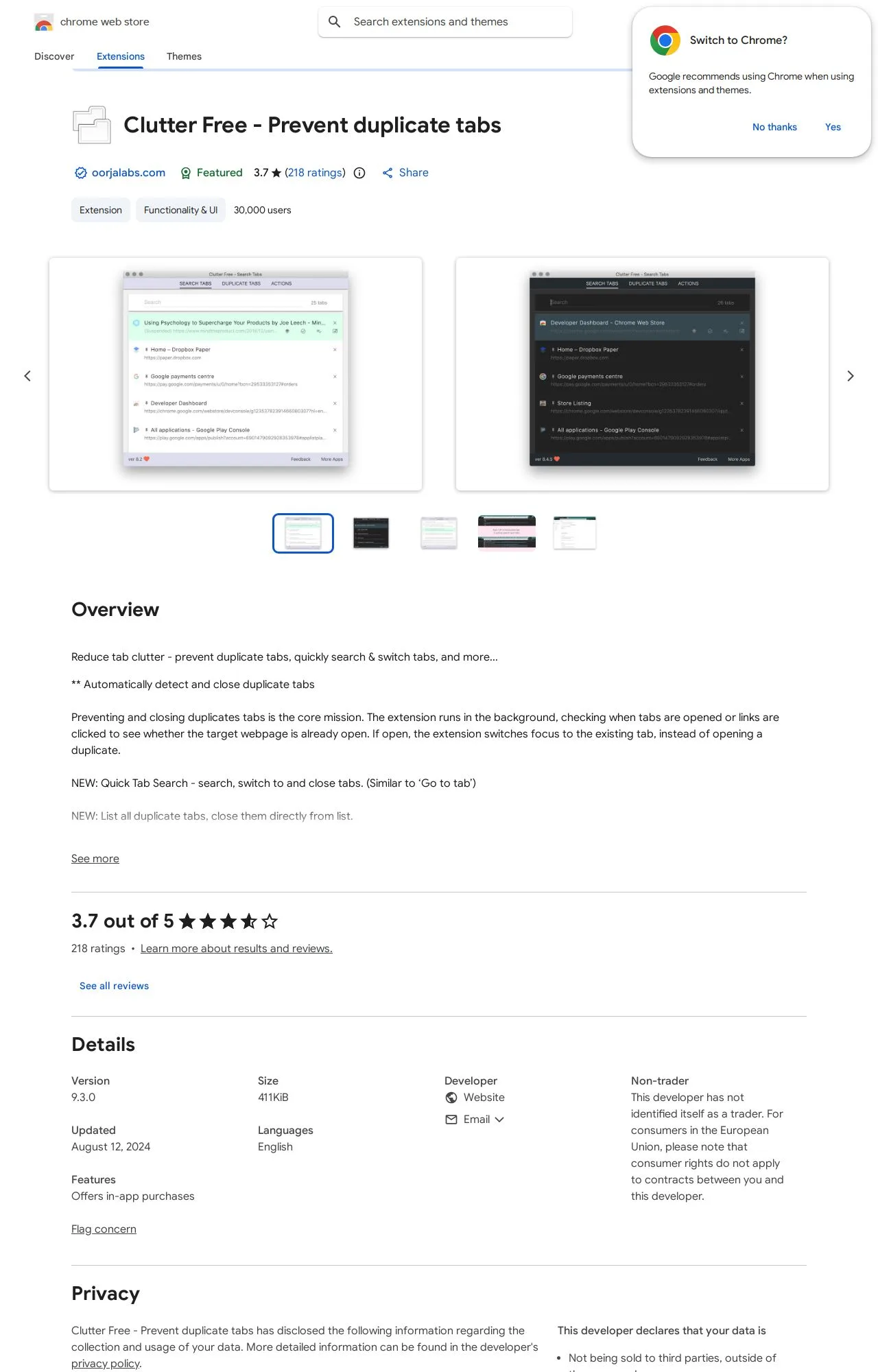 Clutter Free - Prevent duplicate tabs listing on the Chrome Web Store