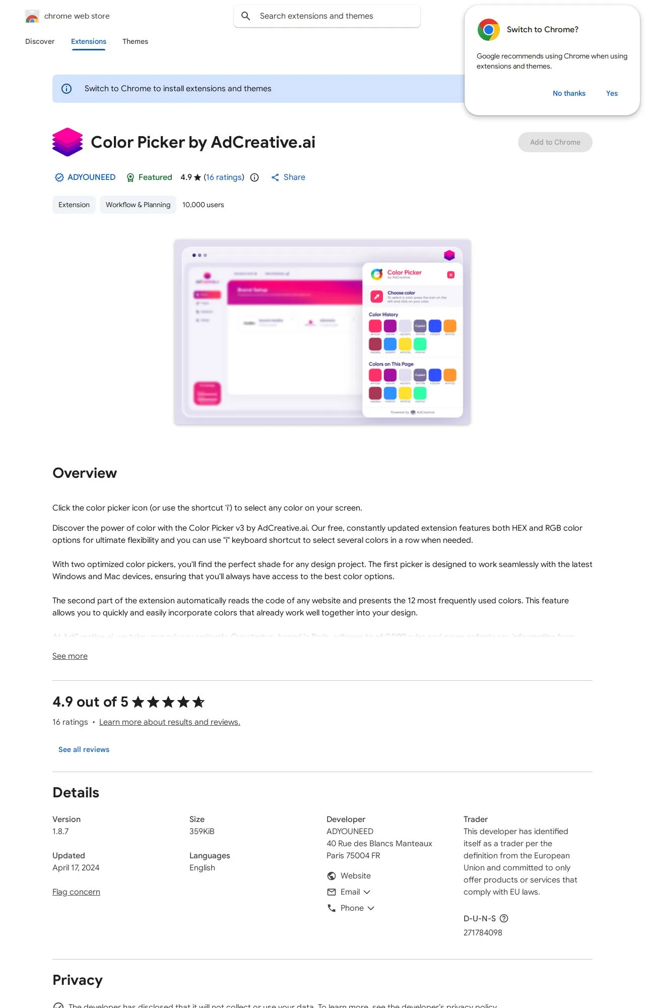 Color Picker by AdCreative.ai listing on the Chrome Web Store