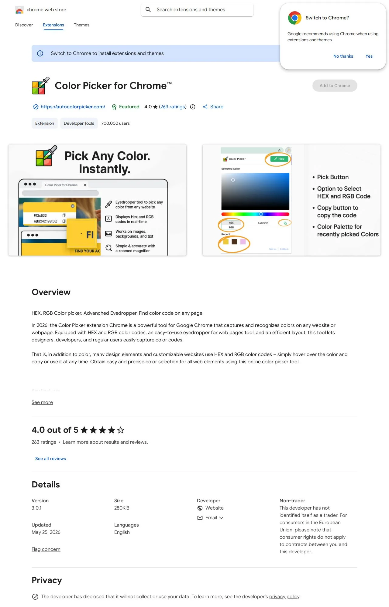 Color Picker for Chrome listing on the Chrome Web Store