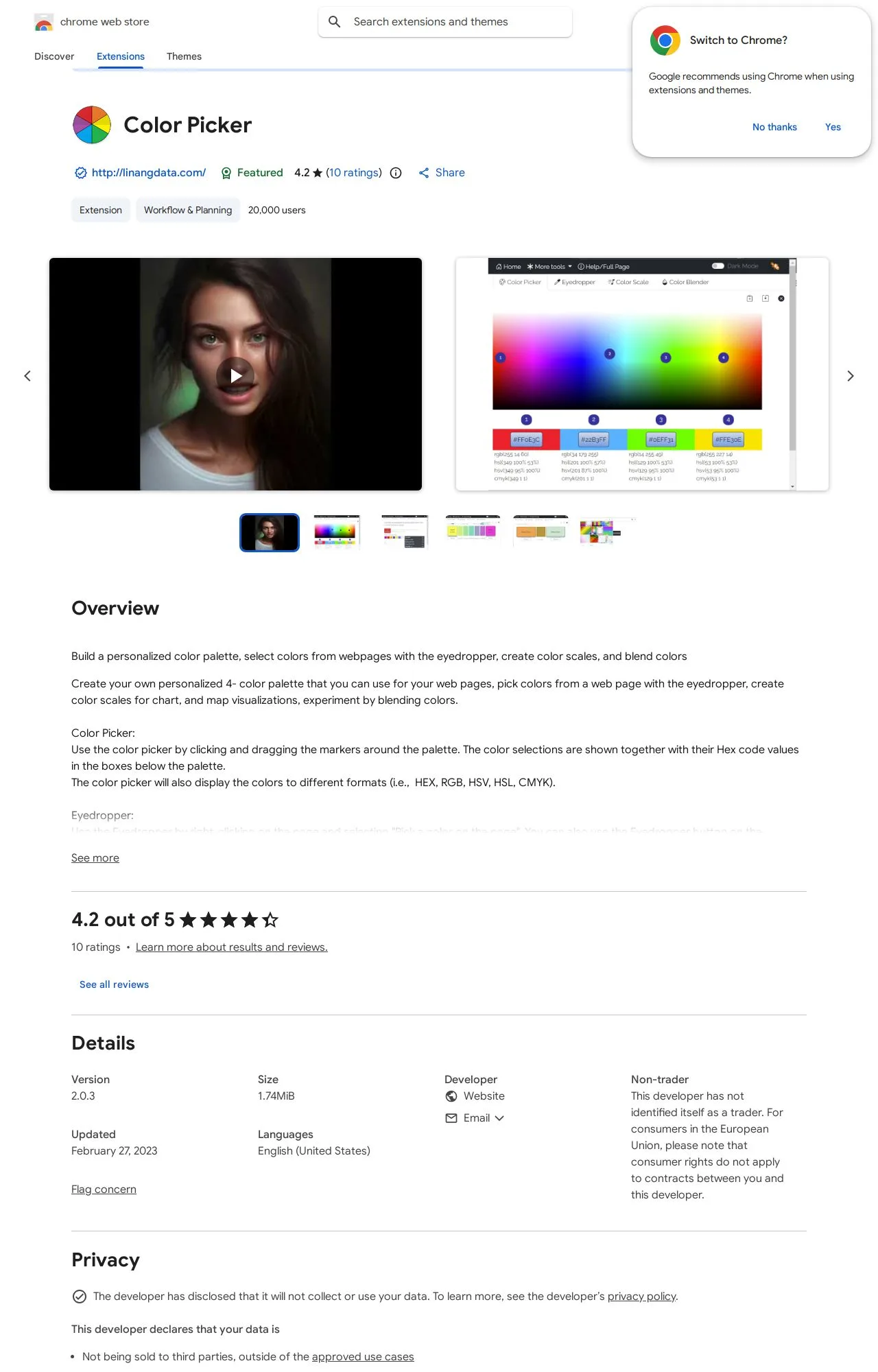 Color Picker listing on the Chrome Web Store