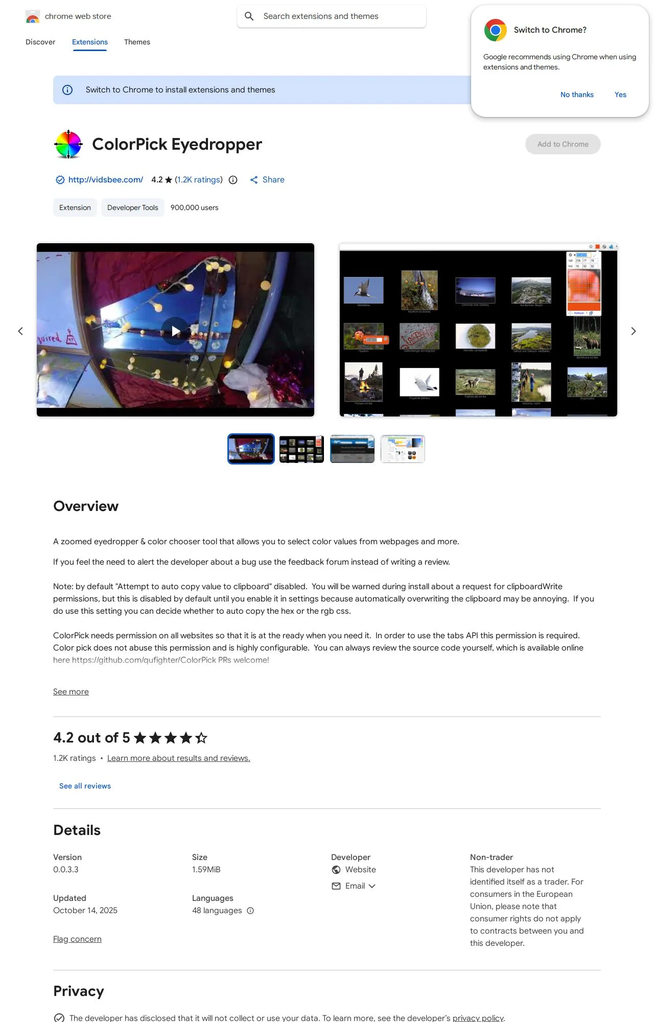 ColorPick Eyedropper listing on the Chrome Web Store