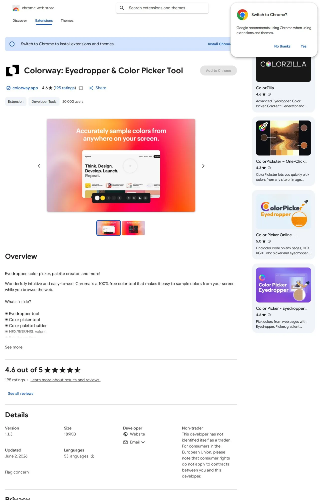 Colorway: Eyedropper & Color Picker Tool listing on the Chrome Web Store