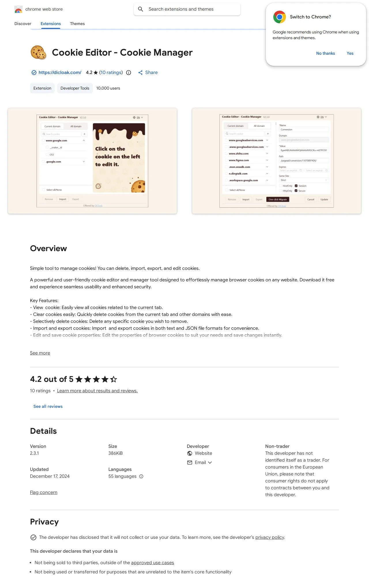 Cookie Editor - Cookie Manager listing on the Chrome Web Store
