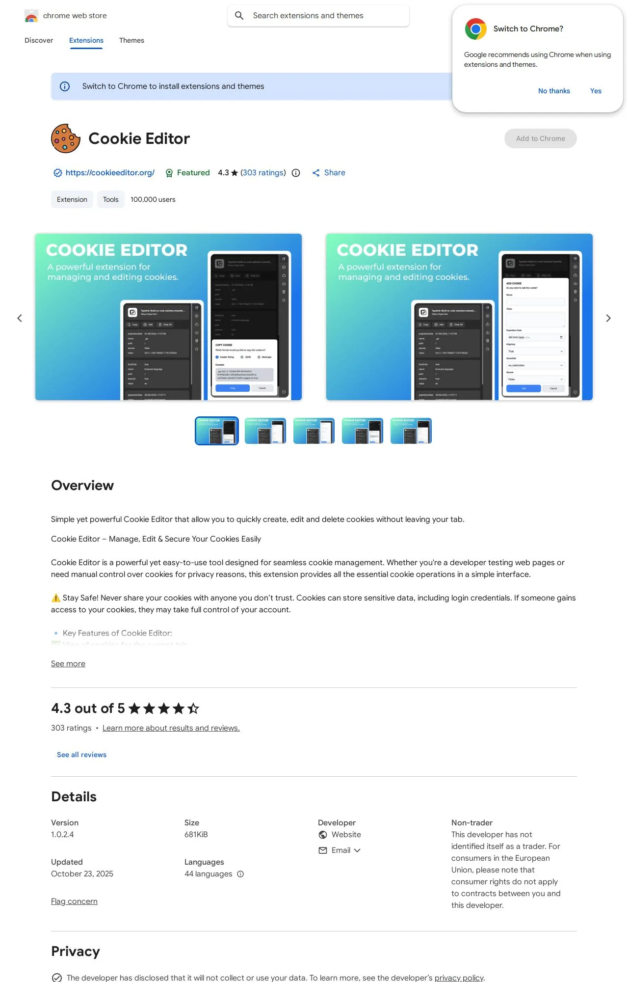 Cookie Editor listing on the Chrome Web Store