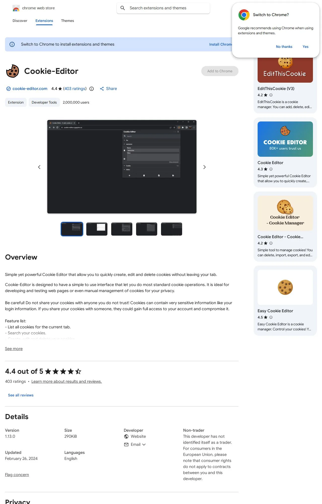 Cookie-Editor listing on the Chrome Web Store