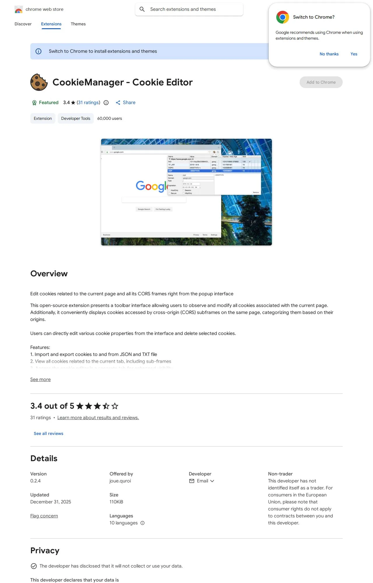 CookieManager - Cookie Editor listing on the Chrome Web Store