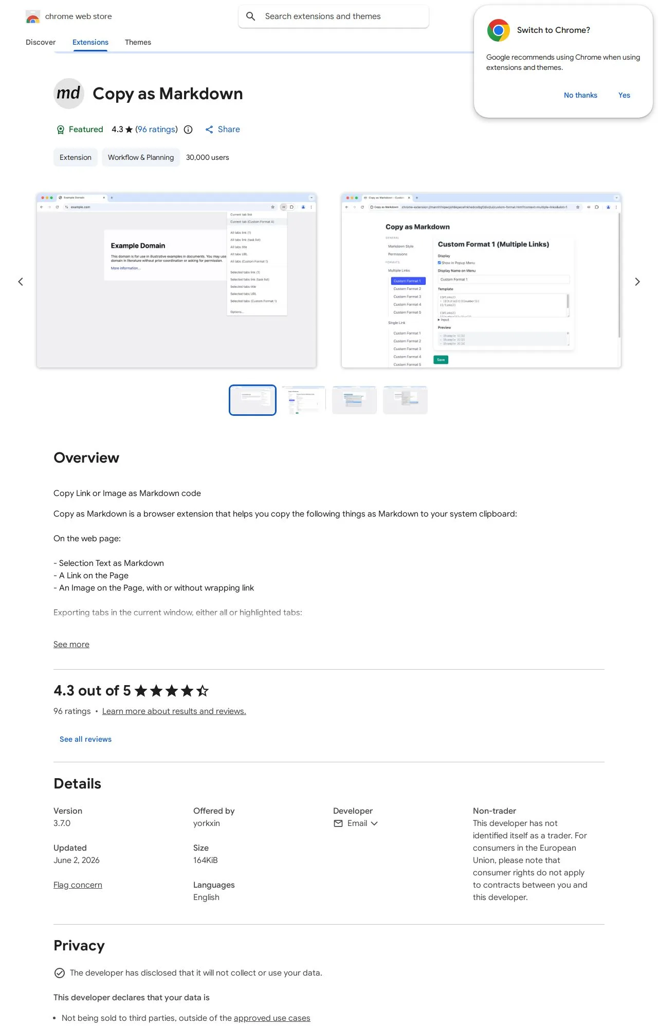 Copy as Markdown listing on the Chrome Web Store