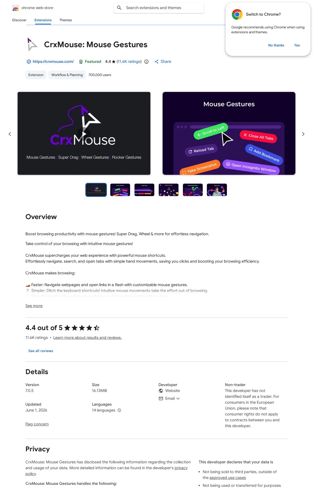 CrxMouse: Mouse Gestures listing on the Chrome Web Store