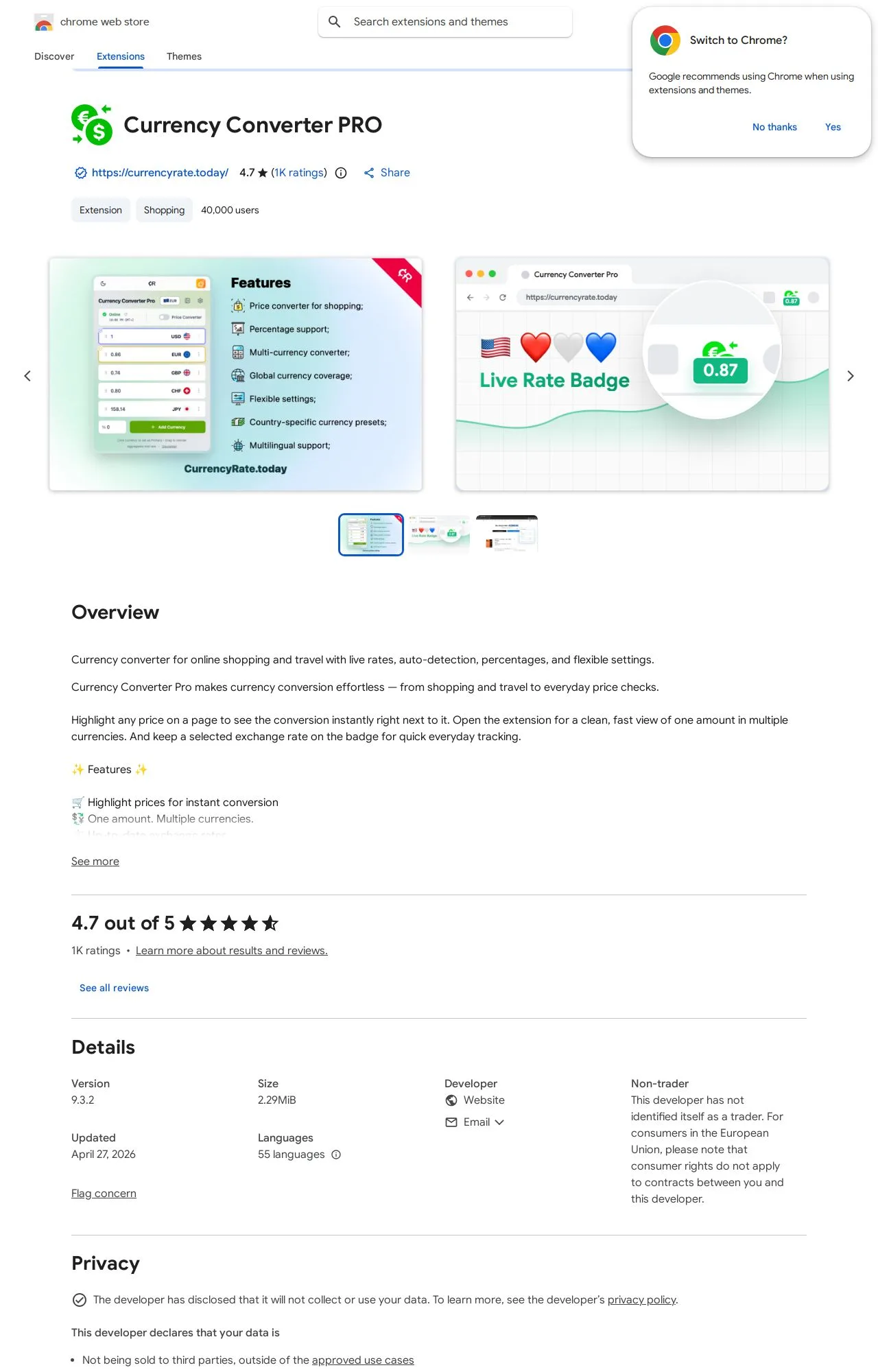 Currency Converter PRO listing on the Chrome Web Store
